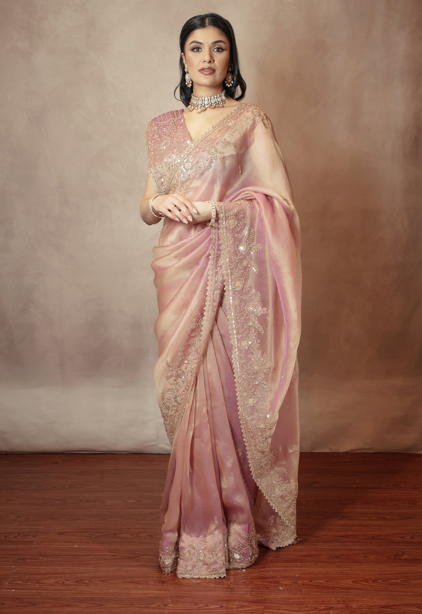 Premium Tissue Silk Beadwork Embroidery Sari R007