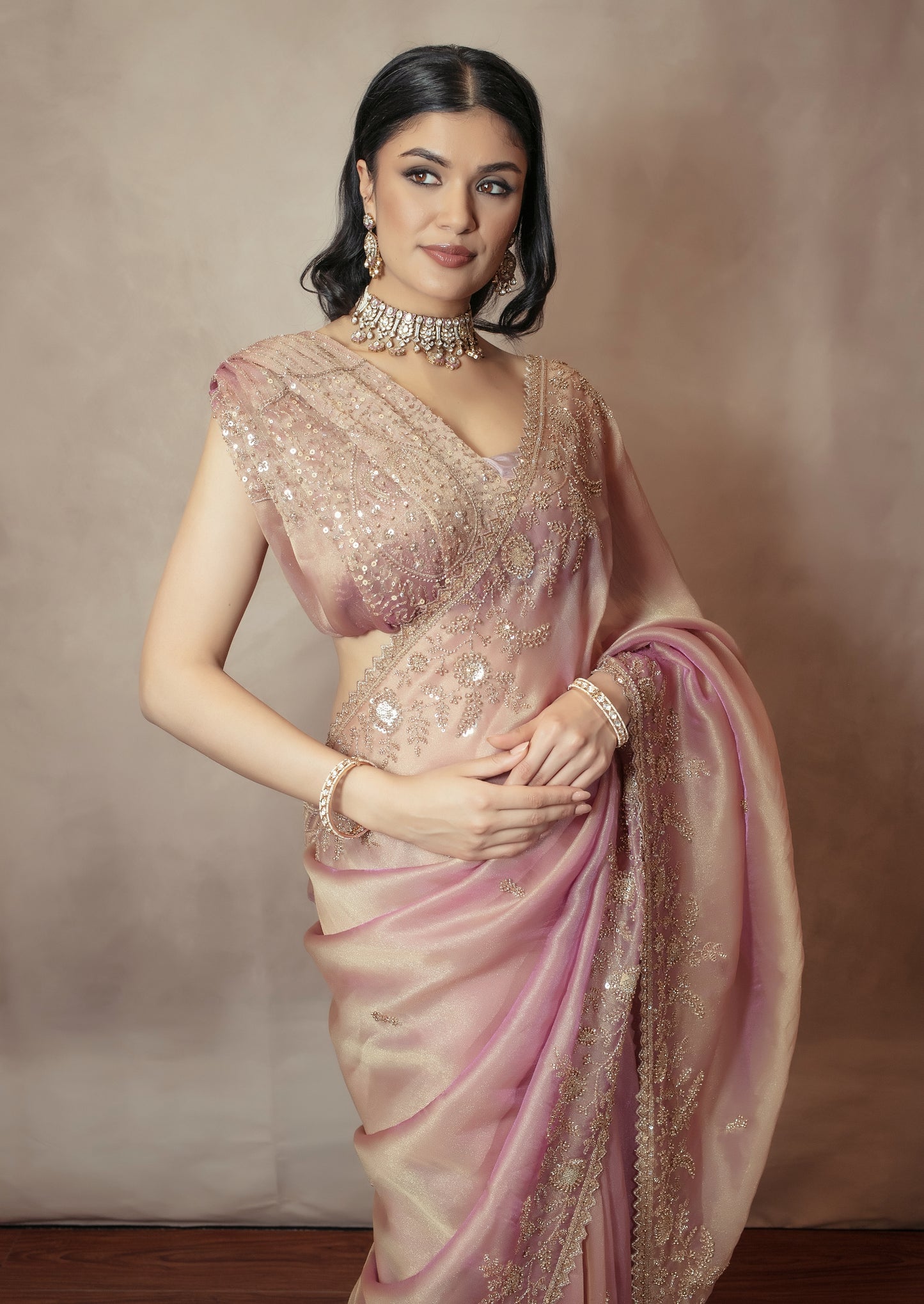 Premium Tissue Silk Beadwork Embroidery Sari R007