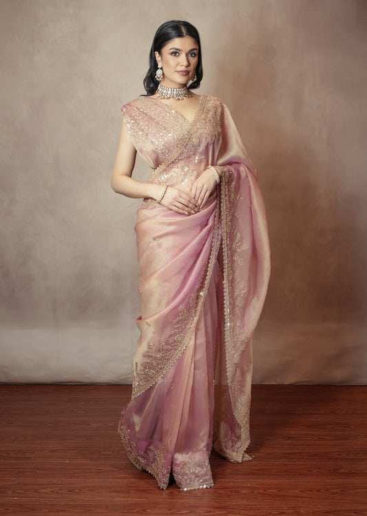 Premium Tissue Silk Beadwork Embroidery Sari R007
