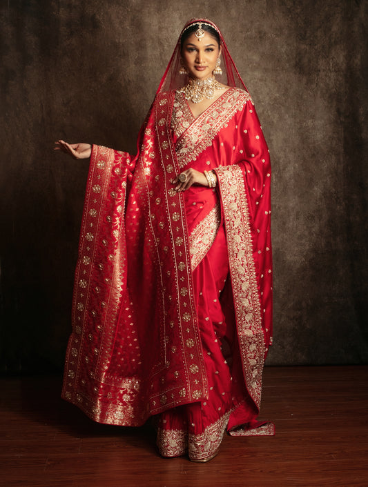 Signature Pure Satin Silk Zardozi Embroidery Sari W/Dupatta RRP002