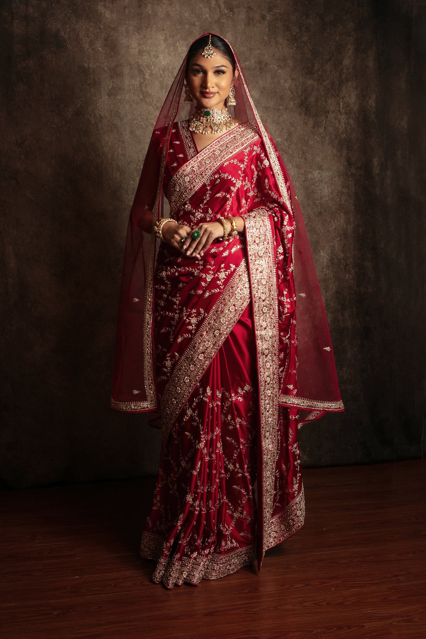 Signature Pure Satin Silk Zardozi Embroidery Sari W/Dupatta SE048