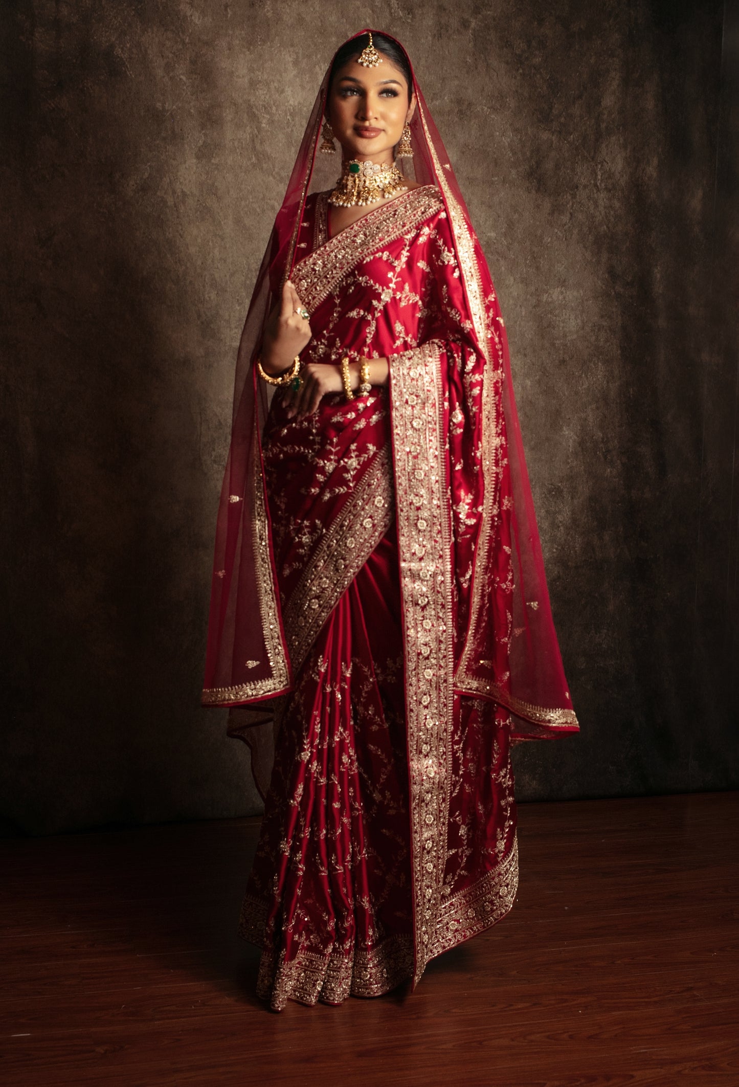 Signature Pure Satin Silk Zardozi Embroidery Sari W/Dupatta SE048