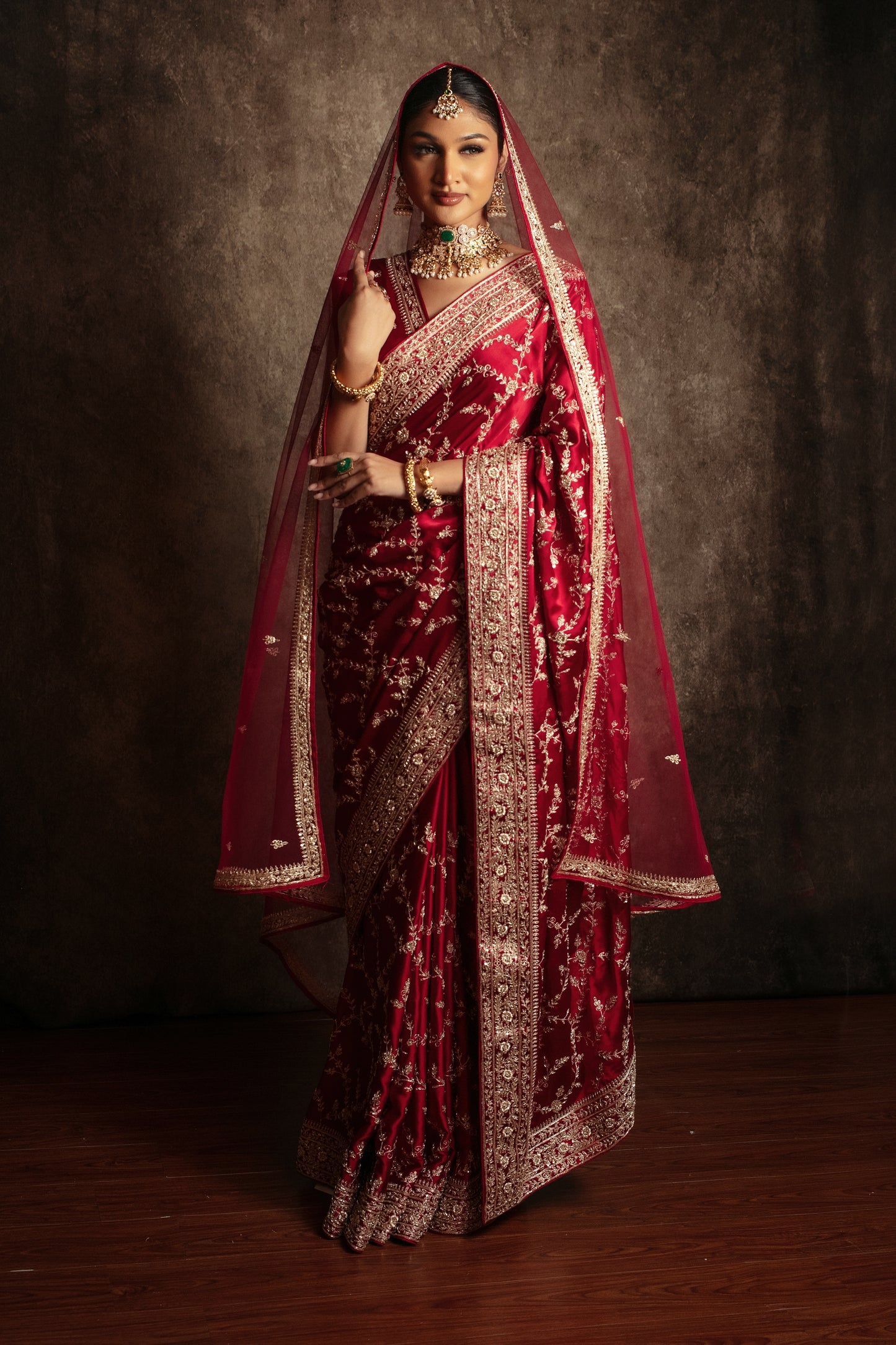 Signature Pure Satin Silk Zardozi Embroidery Sari W/Dupatta SE048