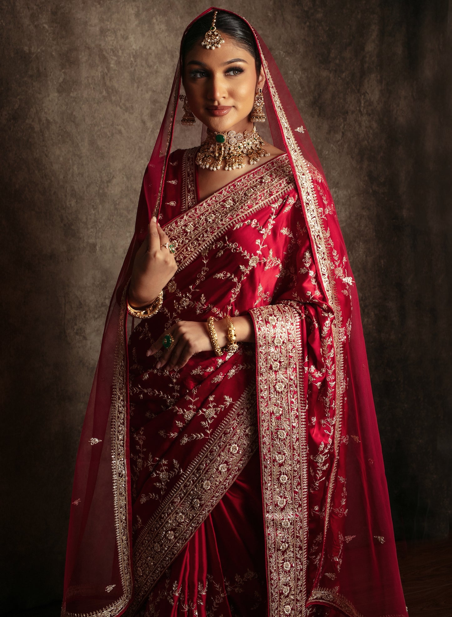 Signature Pure Satin Silk Zardozi Embroidery Sari W/Dupatta SE048