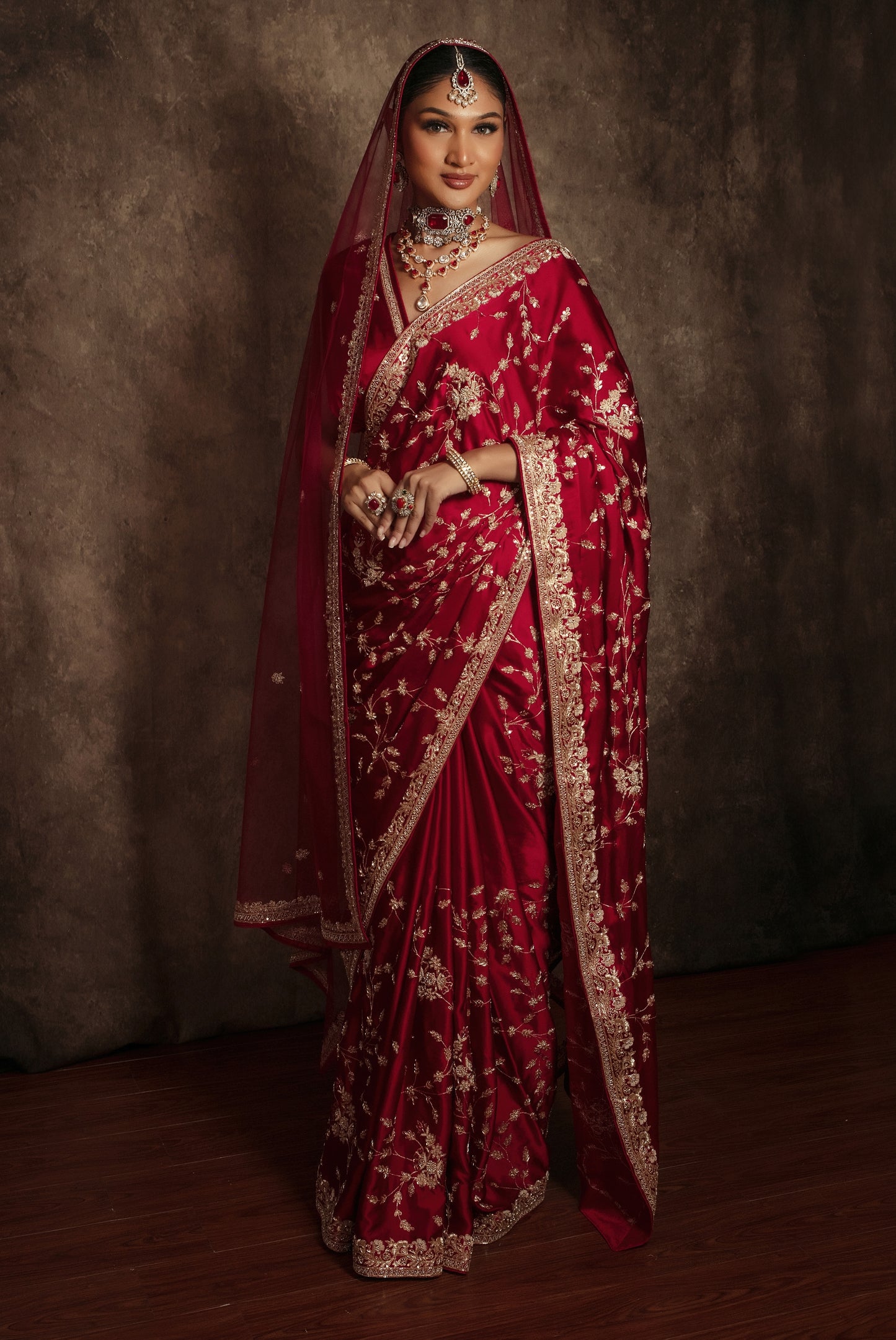 Signature Pure Satin Silk Zardozi Embroidery Sari W/Dupatta SE051