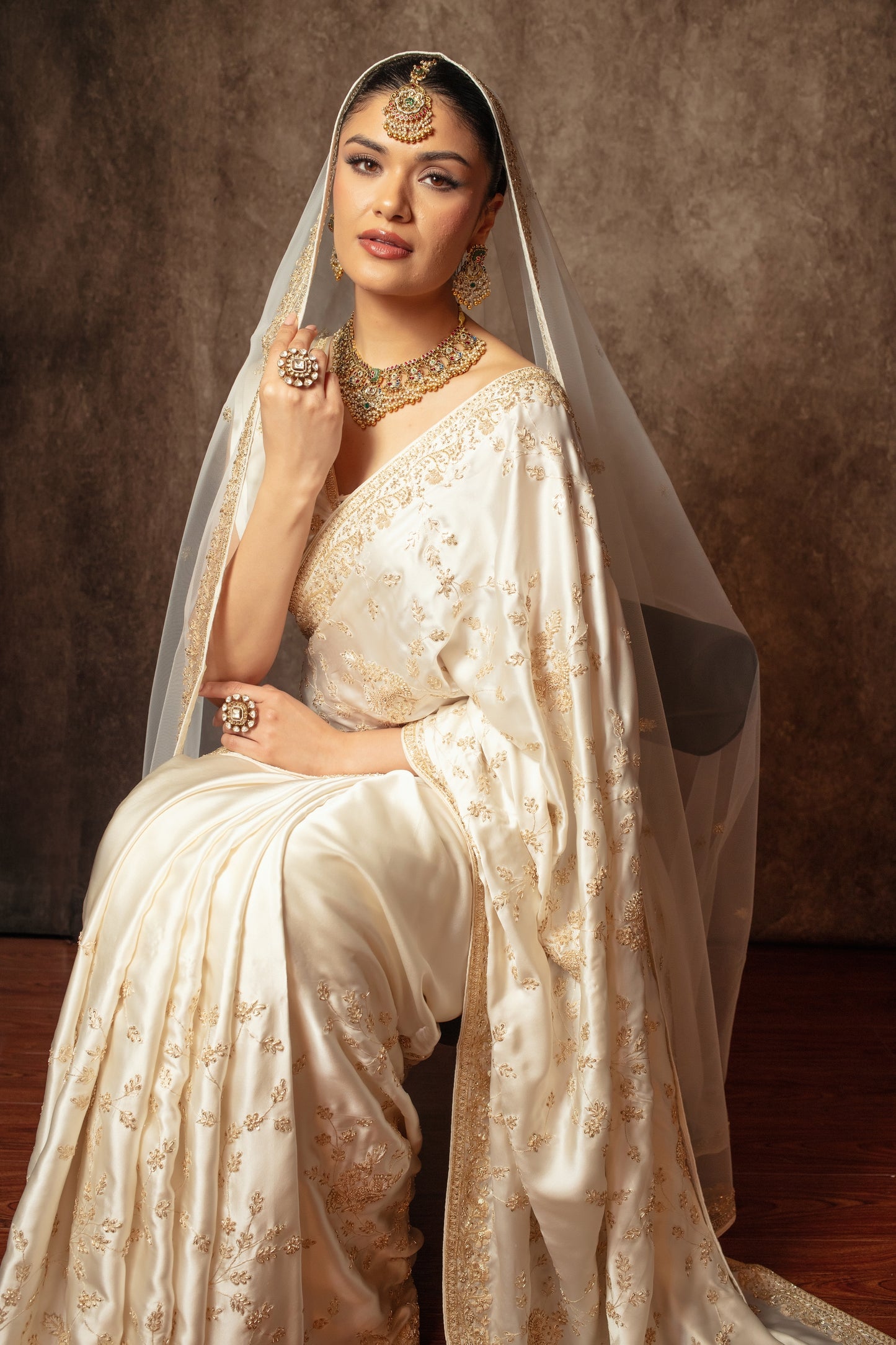 Signature Pure Satin Silk Zardozi Embroidery Sari W/Dupatta SE051