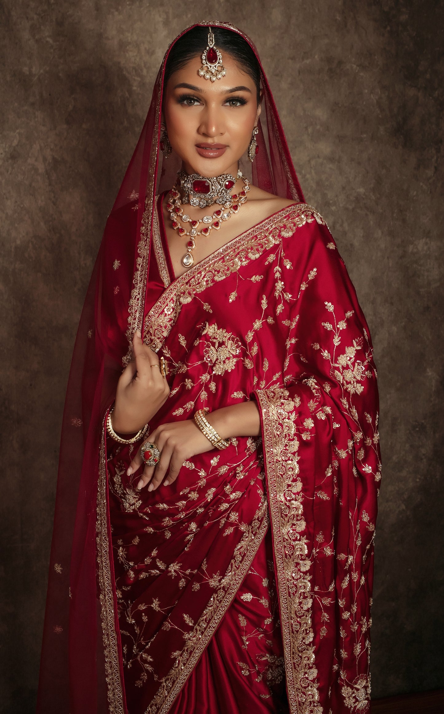 Signature Pure Satin Silk Zardozi Embroidery Sari W/Dupatta SE051