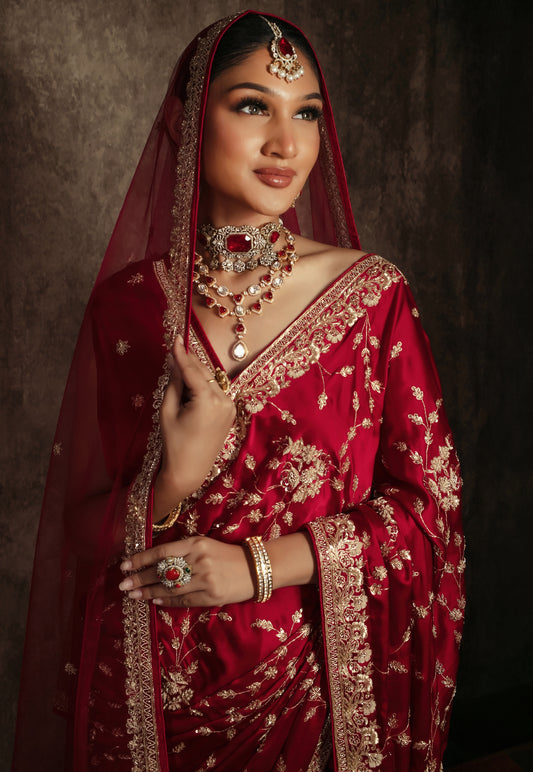 Signature Pure Satin Silk Zardozi Embroidery Sari W/Dupatta SE051