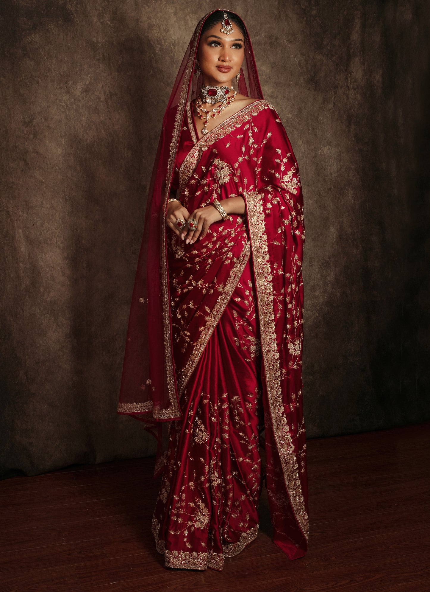 Signature Pure Satin Silk Zardozi Embroidery Sari W/Dupatta SE051
