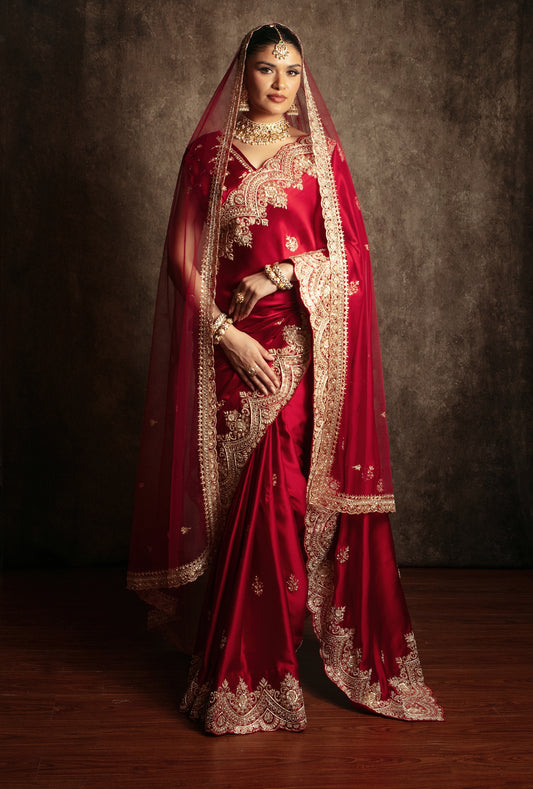 Signature Pure Satin Silk Zardozi Embroidery Sari W/Dupatta SE052