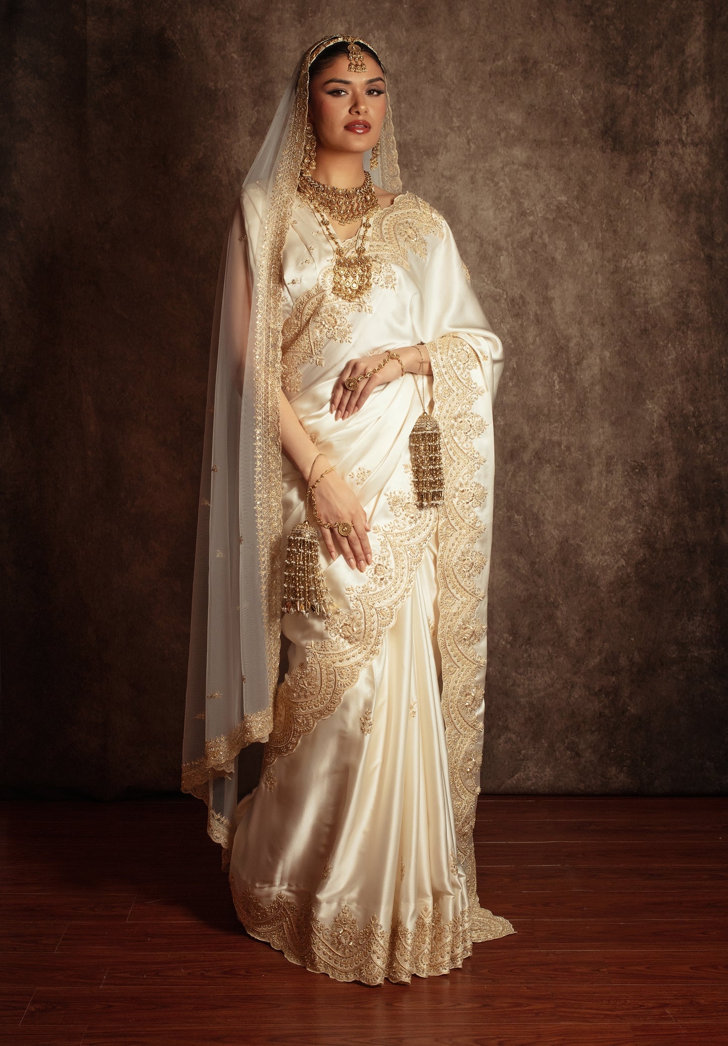 Signature Pure Satin Silk Zardozi Embroidery Sari W/Dupatta SE052