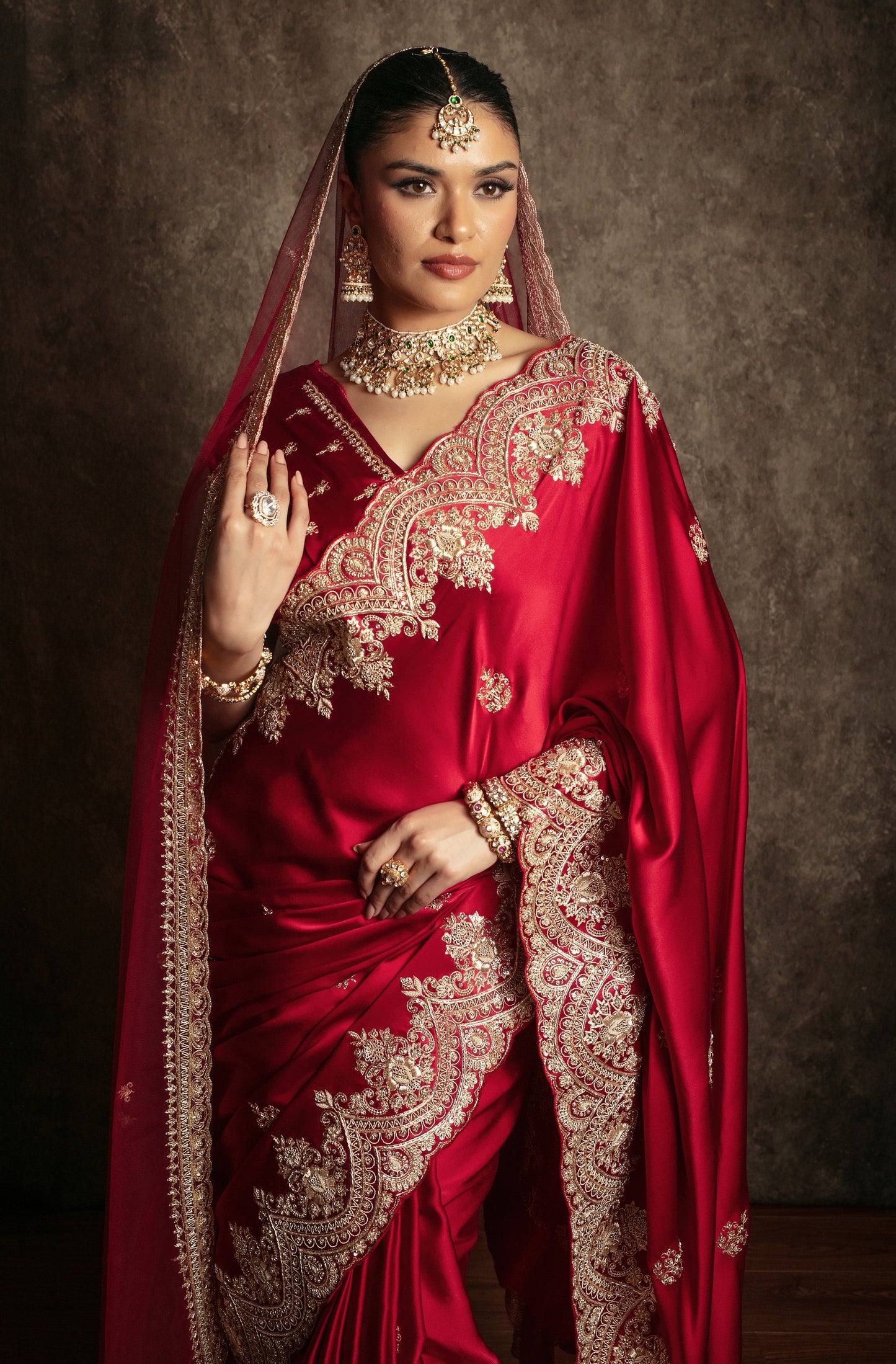 Signature Pure Satin Silk Zardozi Embroidery Sari W/Dupatta SE052