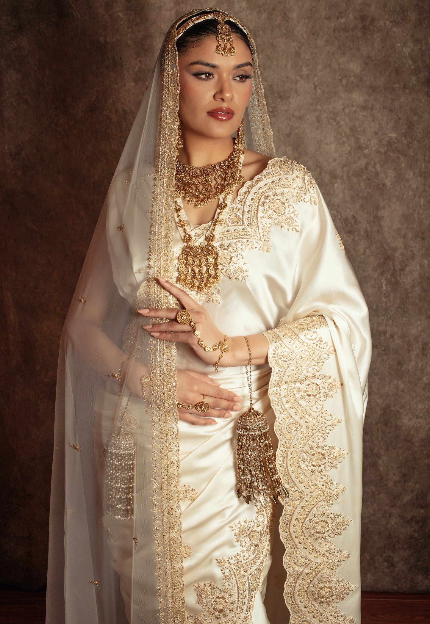 Signature Pure Satin Silk Zardozi Embroidery Sari W/Dupatta SE052