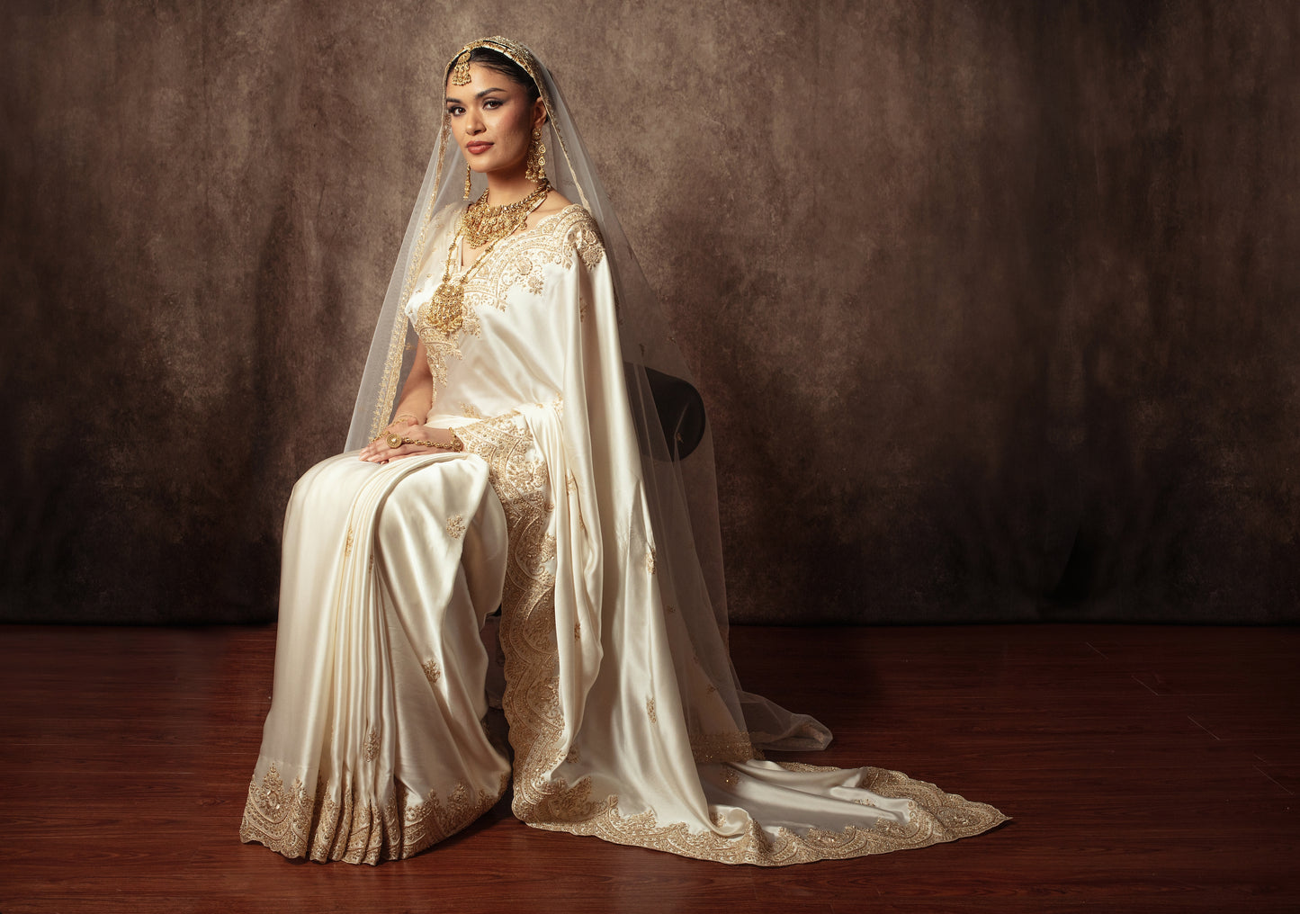 Signature Pure Satin Silk Zardozi Embroidery Sari W/Dupatta SE052