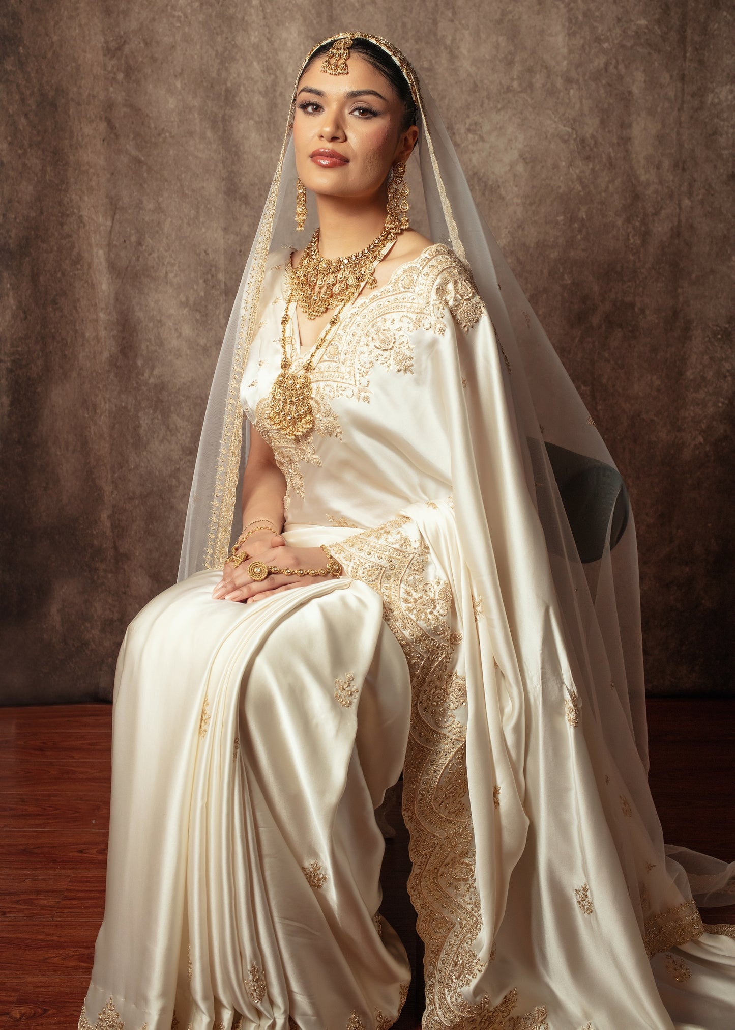 Signature Pure Satin Silk Zardozi Embroidery Sari W/Dupatta SE052