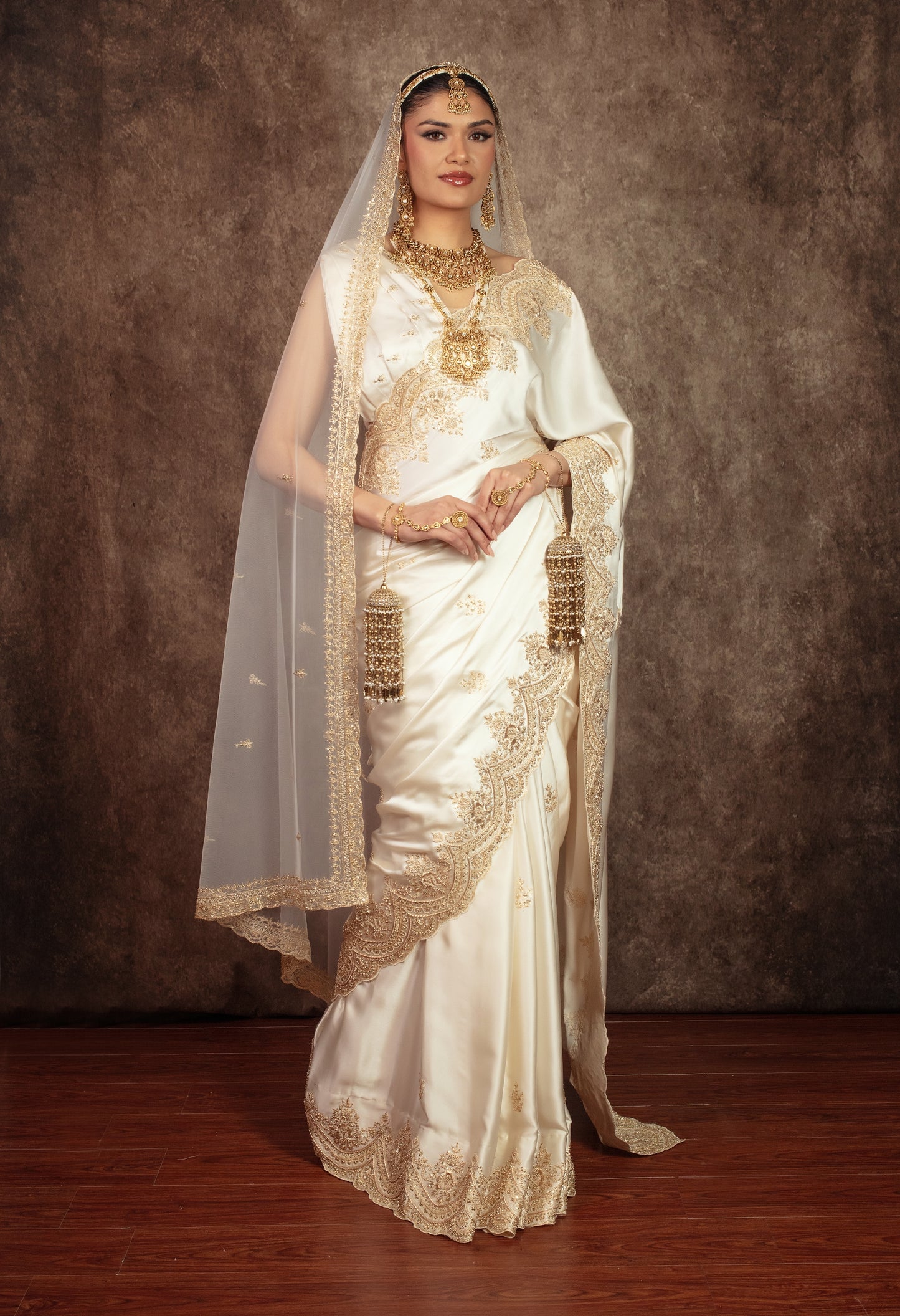 Signature Pure Satin Silk Zardozi Embroidery Sari W/Dupatta SE052