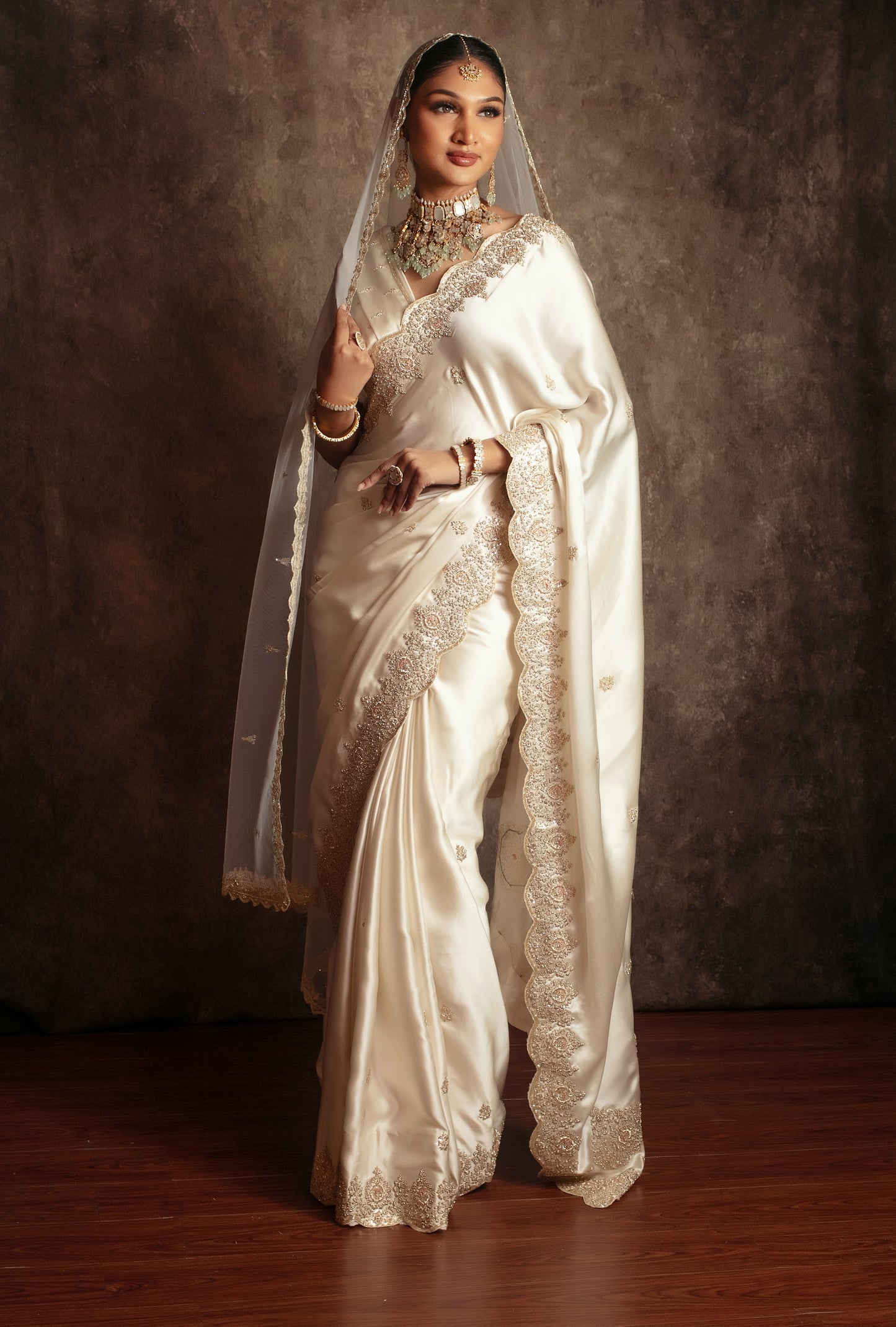 Signature Pure Satin Silk Zardozi Embroidery Sari W/Dupatta SE053