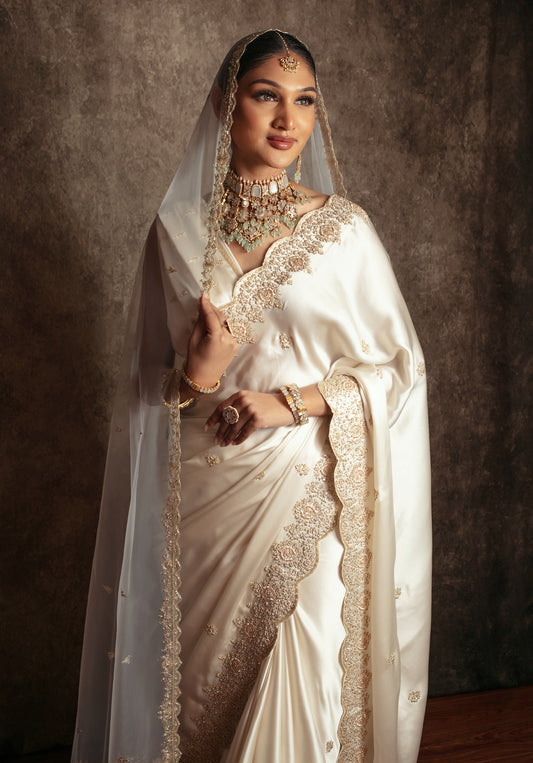 Signature Pure Satin Silk Zardozi Embroidery Sari W/Dupatta SE053