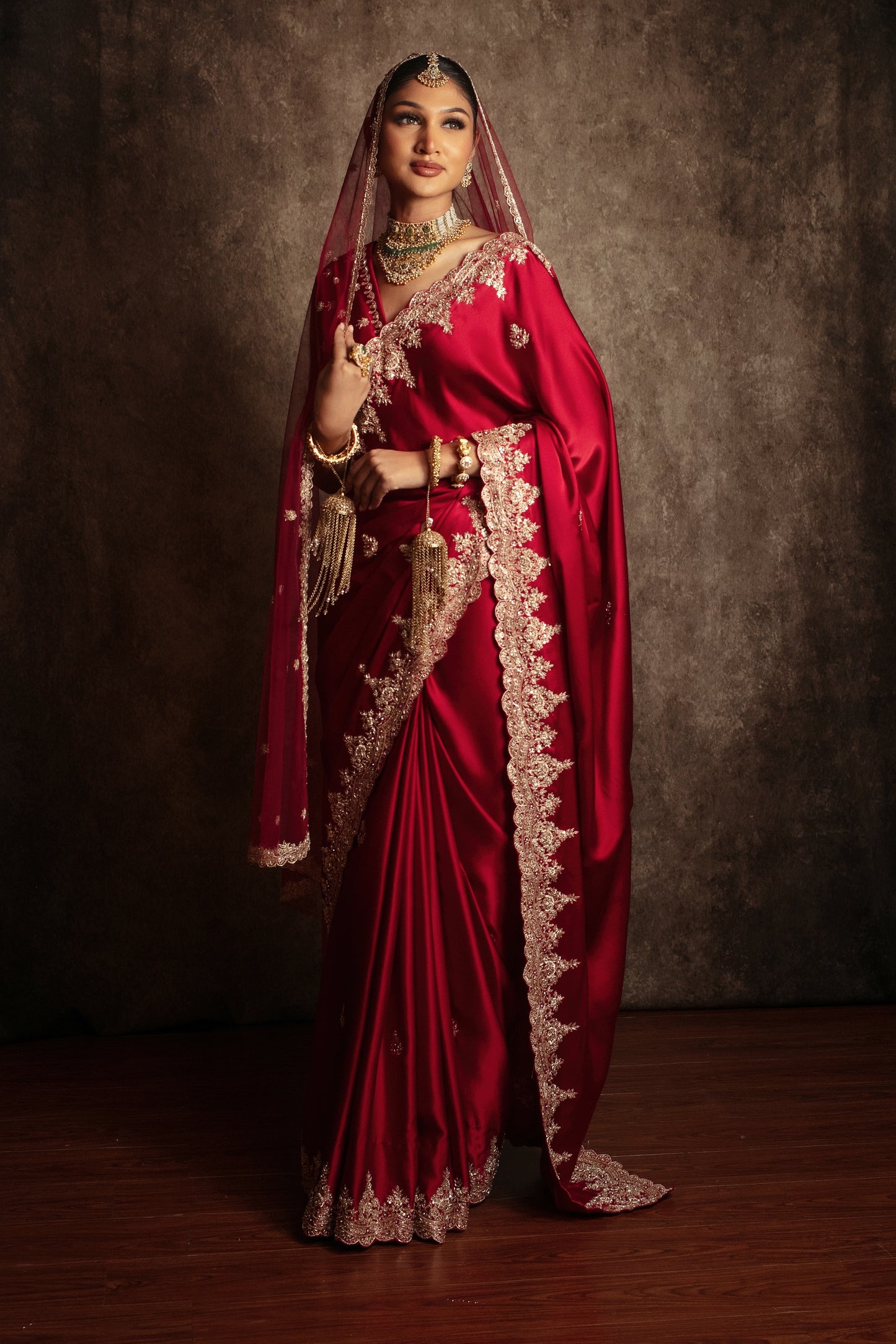 Signature Pure Satin Silk Zardozi Embroidery Sari W/Dupatta SE054