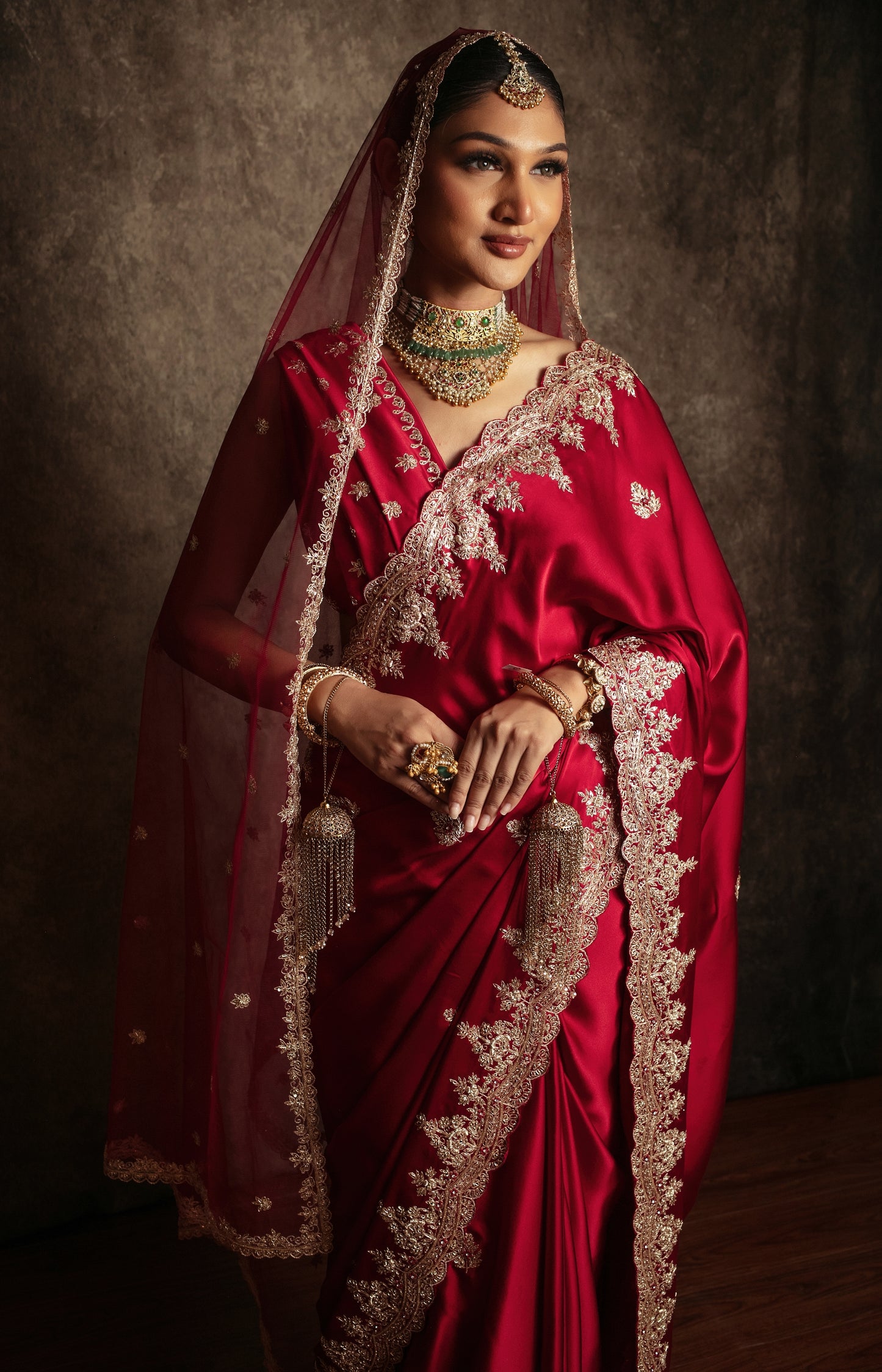 Signature Pure Satin Silk Zardozi Embroidery Sari W/Dupatta SE054