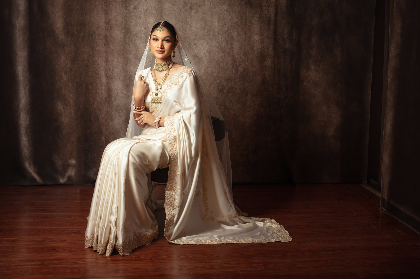 Signature Pure Satin Silk Zardozi Embroidery Sari W/Dupatta SE054