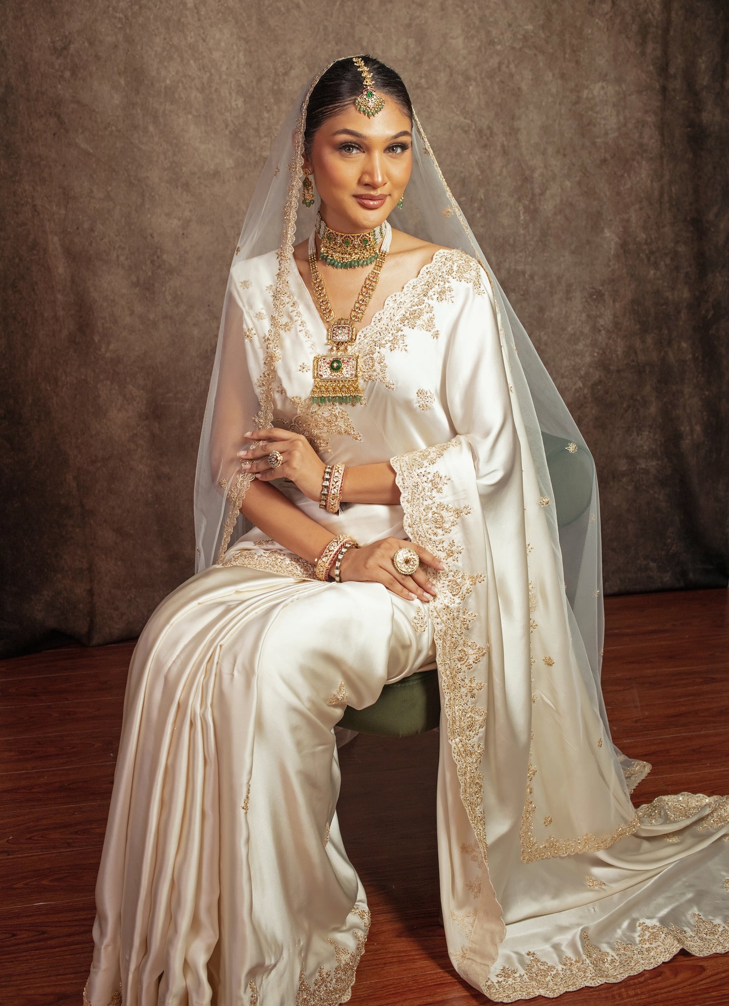 Signature Pure Satin Silk Zardozi Embroidery Sari W/Dupatta SE054