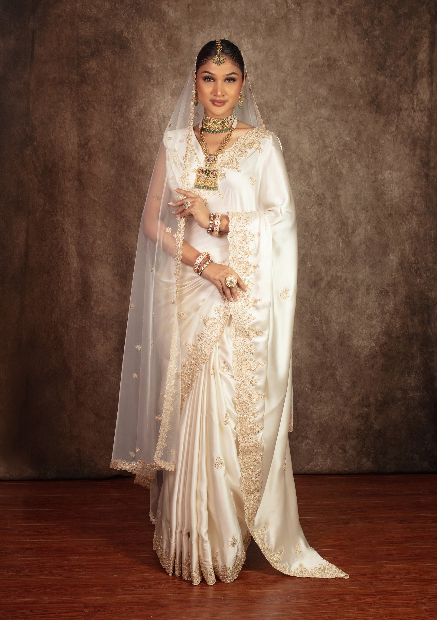 Signature Pure Satin Silk Zardozi Embroidery Sari W/Dupatta SE054