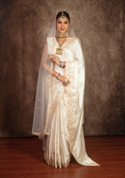 Signature Pure Satin Silk Zardozi Embroidery Sari W/Dupatta SE054