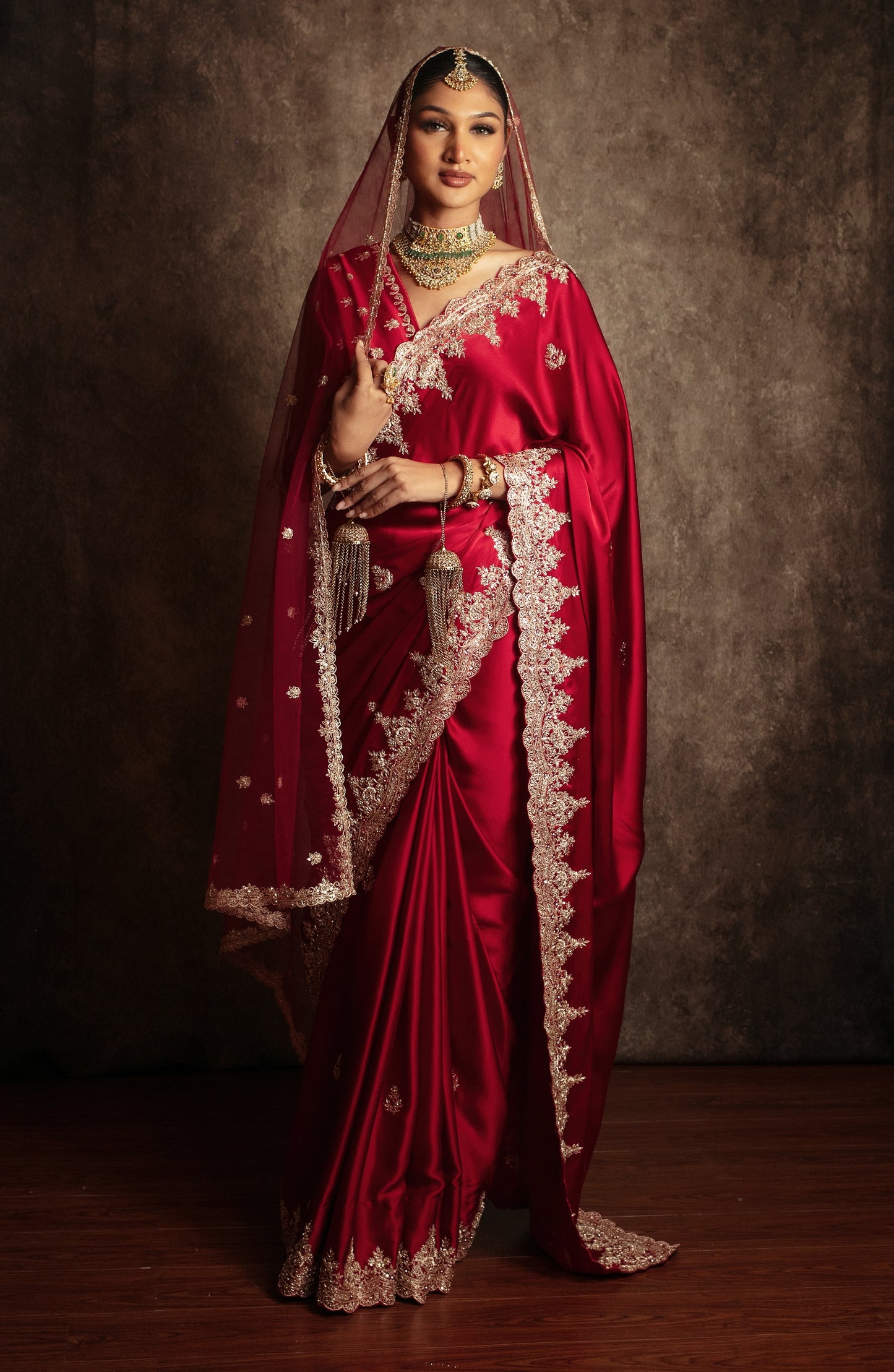 Signature Pure Satin Silk Zardozi Embroidery Sari W/Dupatta SE054