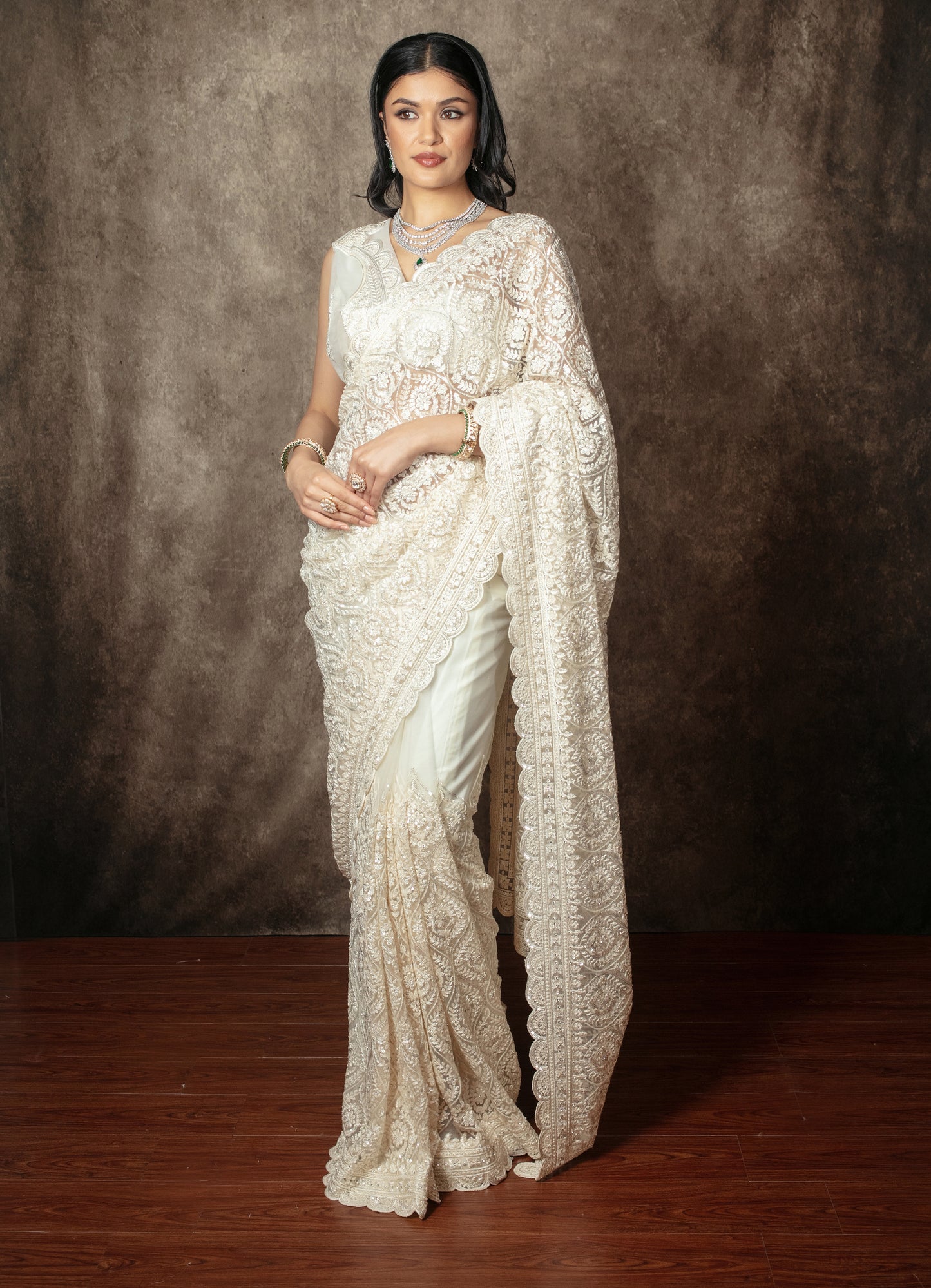 Luxury Soft Tulle Beadwork & Threadwork Embroidery Sari TF003
