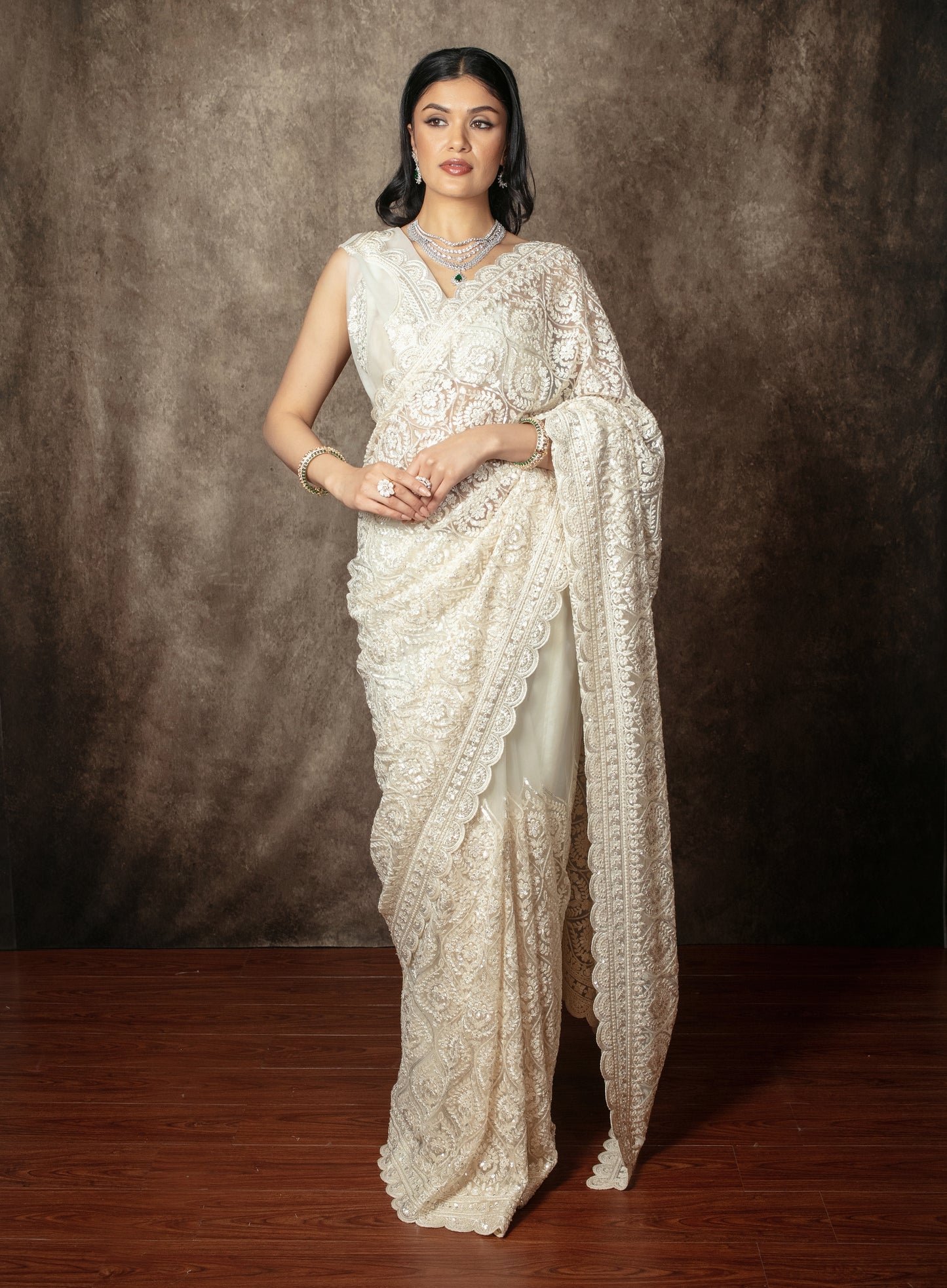 Luxury Soft Tulle Beadwork & Threadwork Embroidery Sari TF003