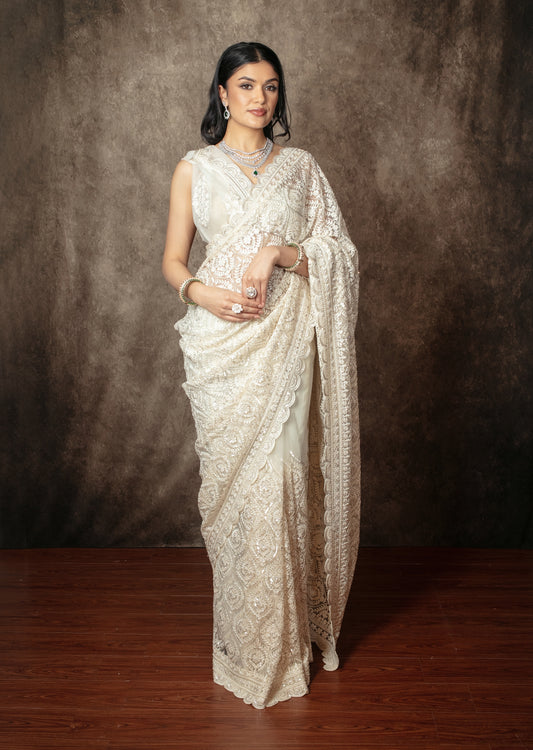 Luxury Soft Tulle Beadwork & Threadwork Embroidery Sari TF003
