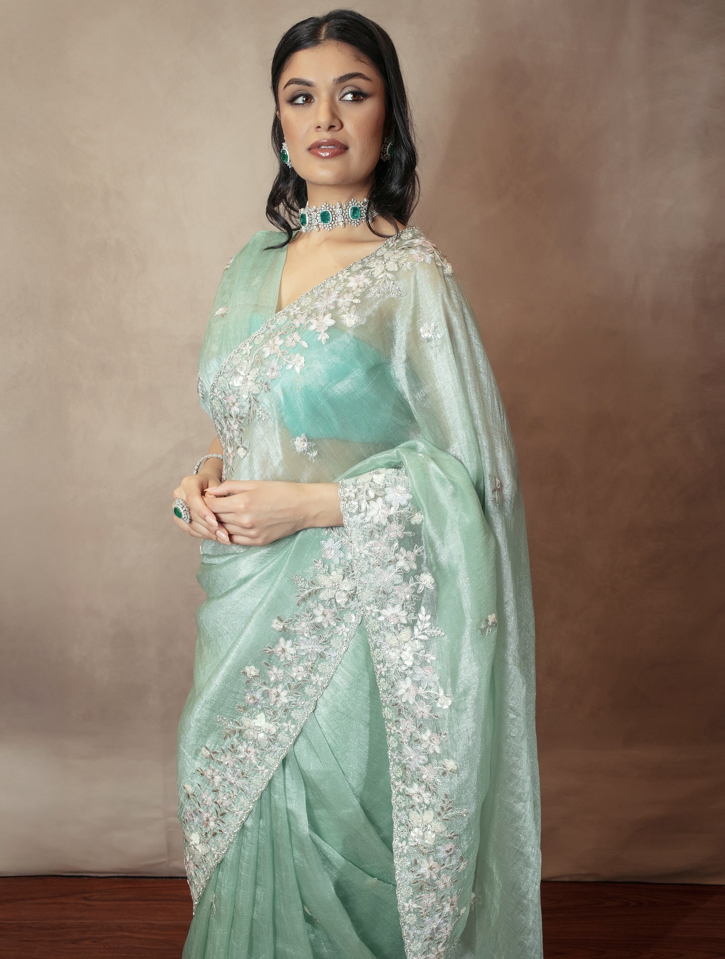 Premium Tissue Organza Threadwork Sequin Embroidery Sari VC0142