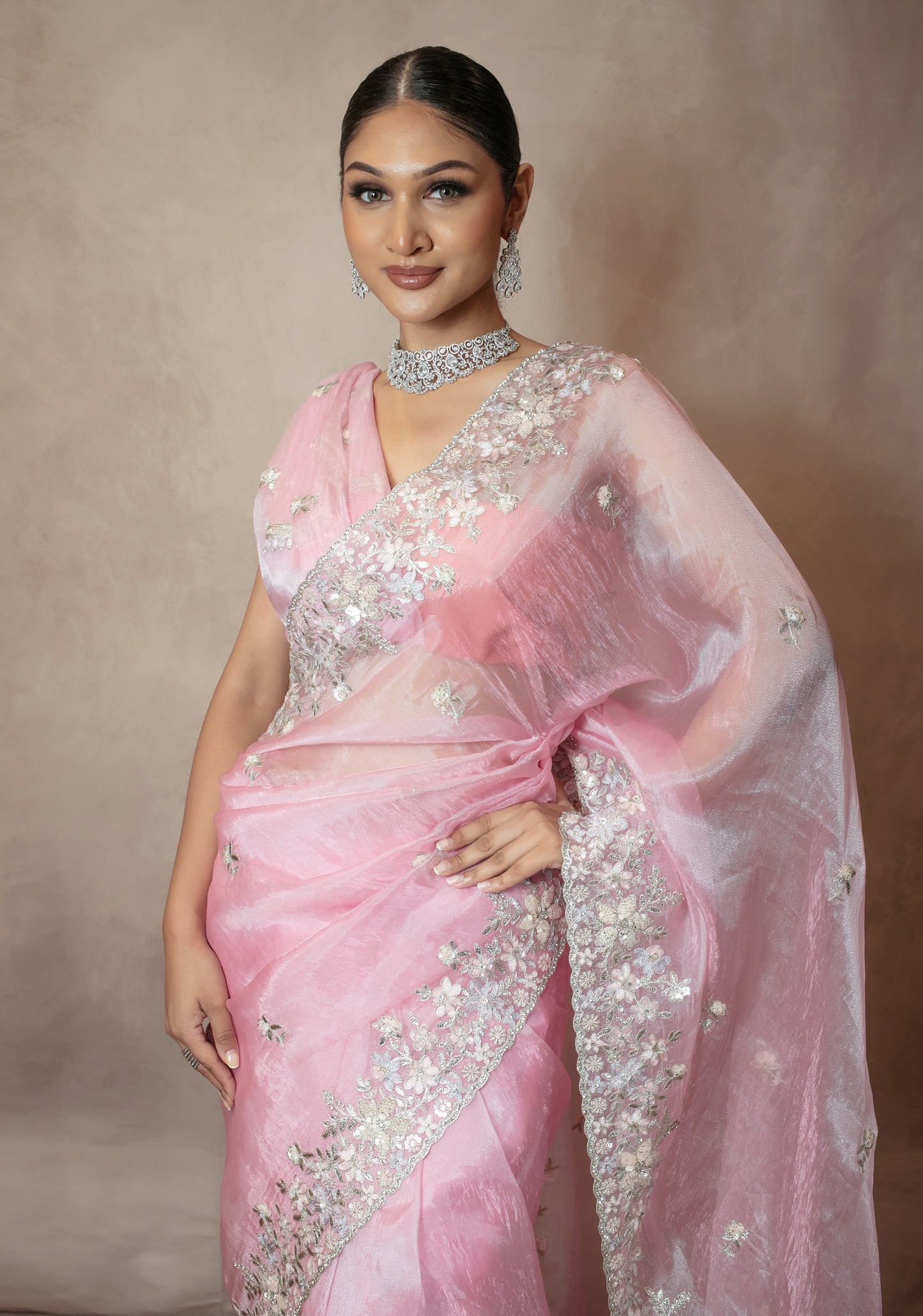 Premium Tissue Organza Threadwork Sequin Embroidery Sari VC0142