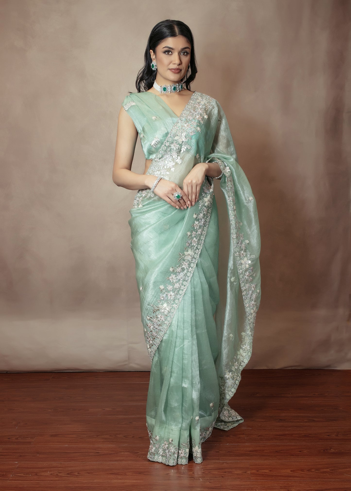 Premium Tissue Organza Threadwork Sequin Embroidery Sari VC0142