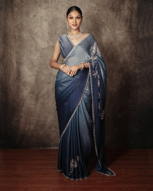 Premium Art Satin Silk Diamante Embroidery Sari VC0144