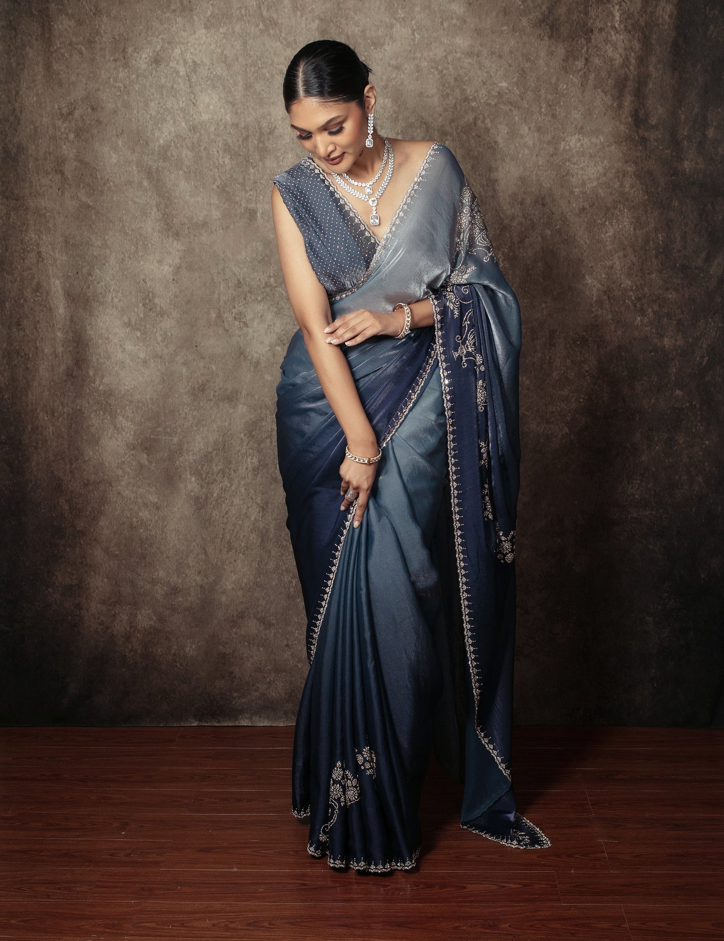 Premium Art Satin Silk Diamante Embroidery Sari VC0144