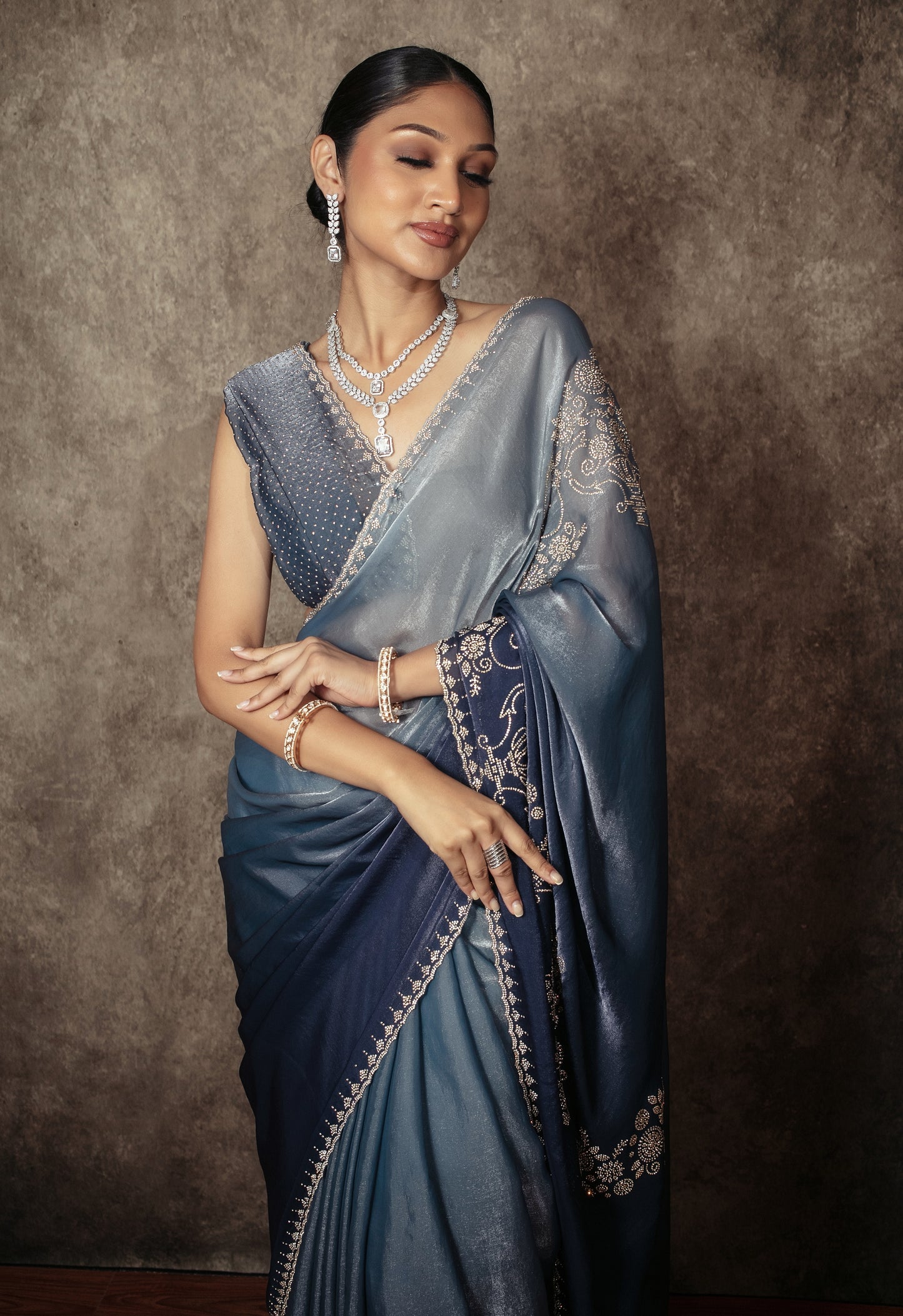 Premium Art Satin Silk Diamante Embroidery Sari VC0144