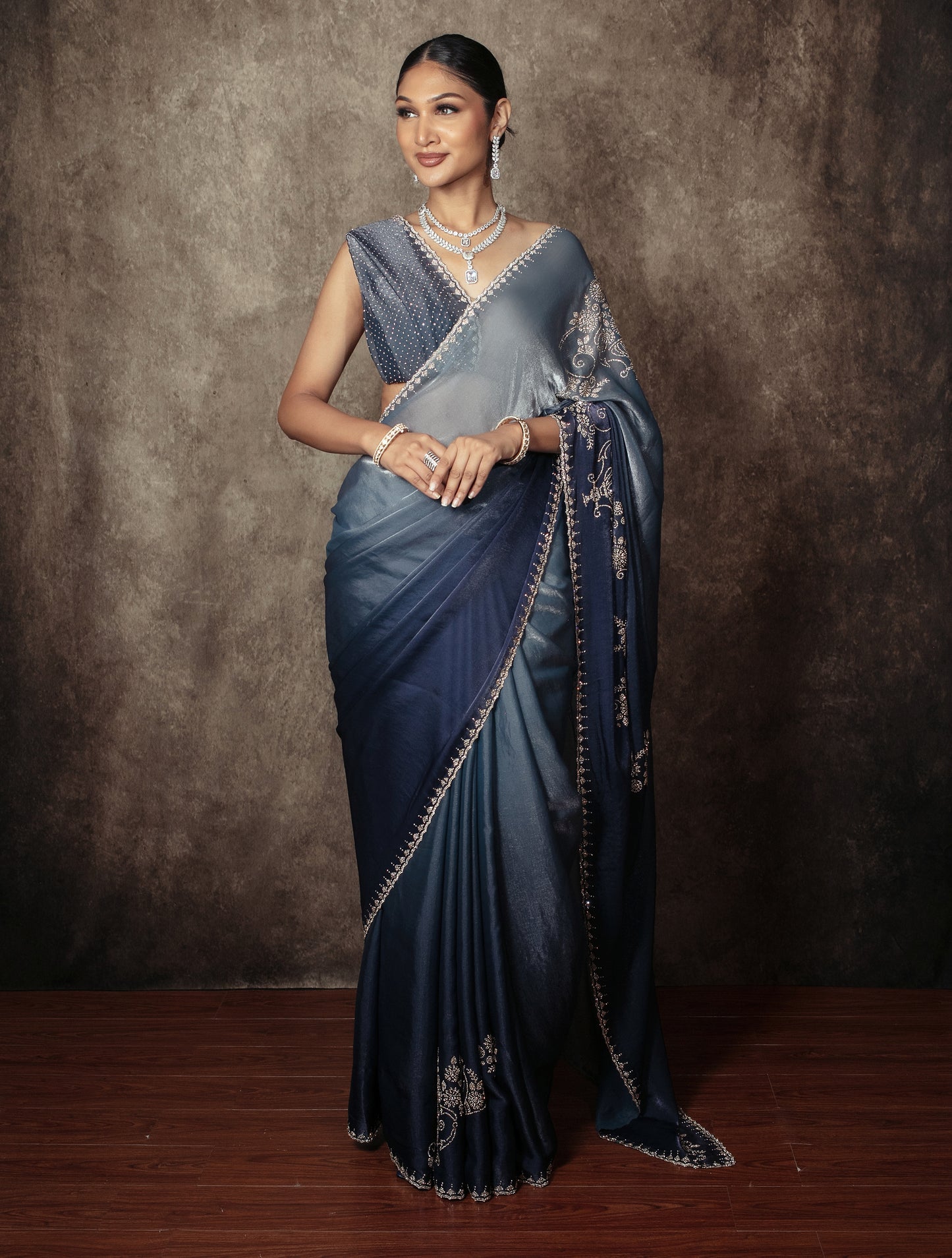 Premium Art Satin Silk Diamante Embroidery Sari VC0144
