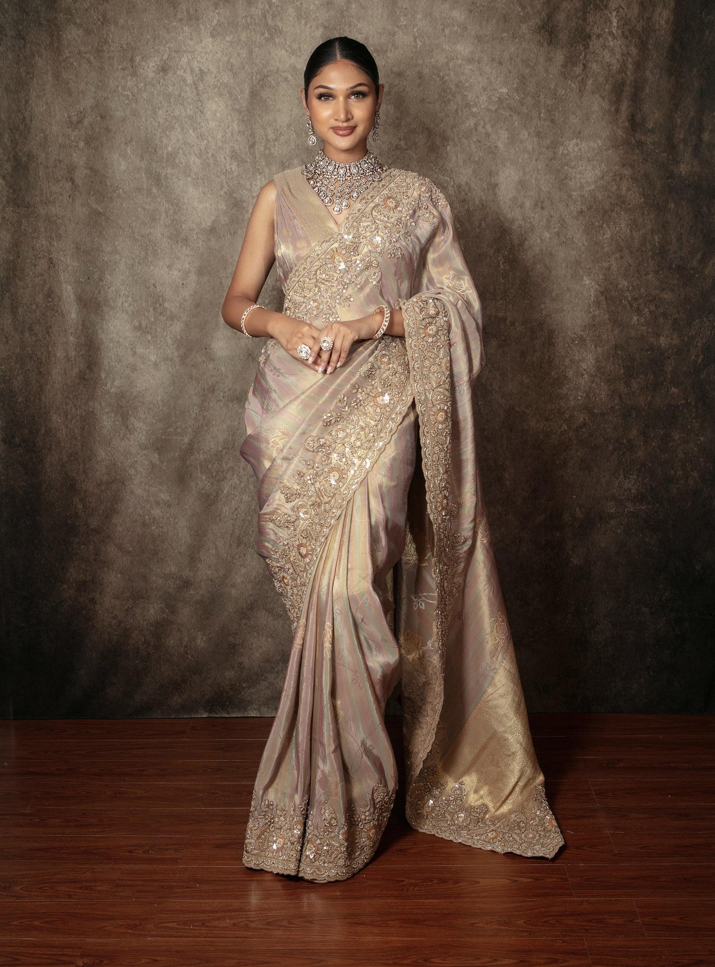 Luxury Tissue Silk Beadwork & Threadwork Embroidery Sari VC0149