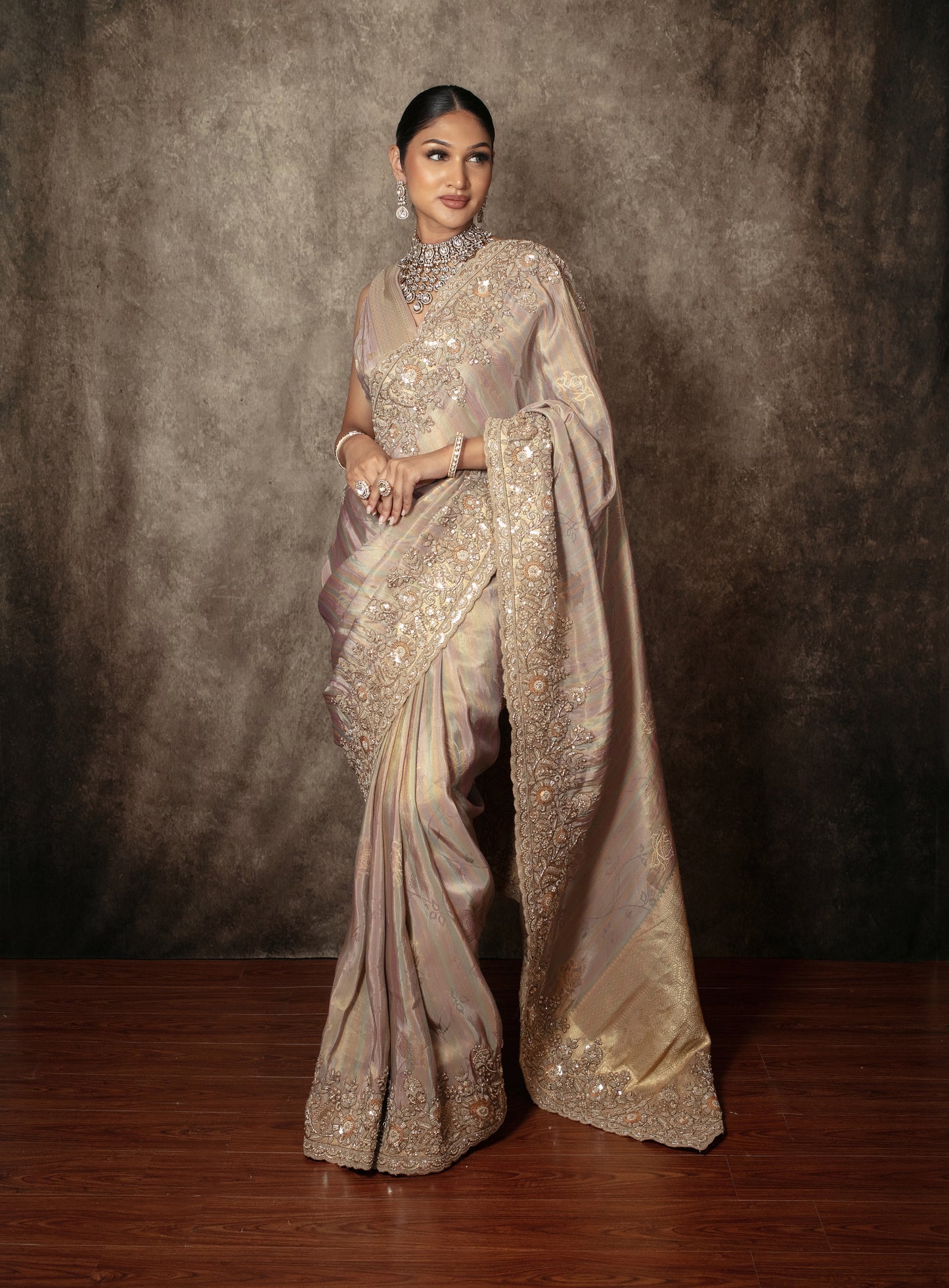 Luxury Tissue Silk Beadwork & Threadwork Embroidery Sari VC0149