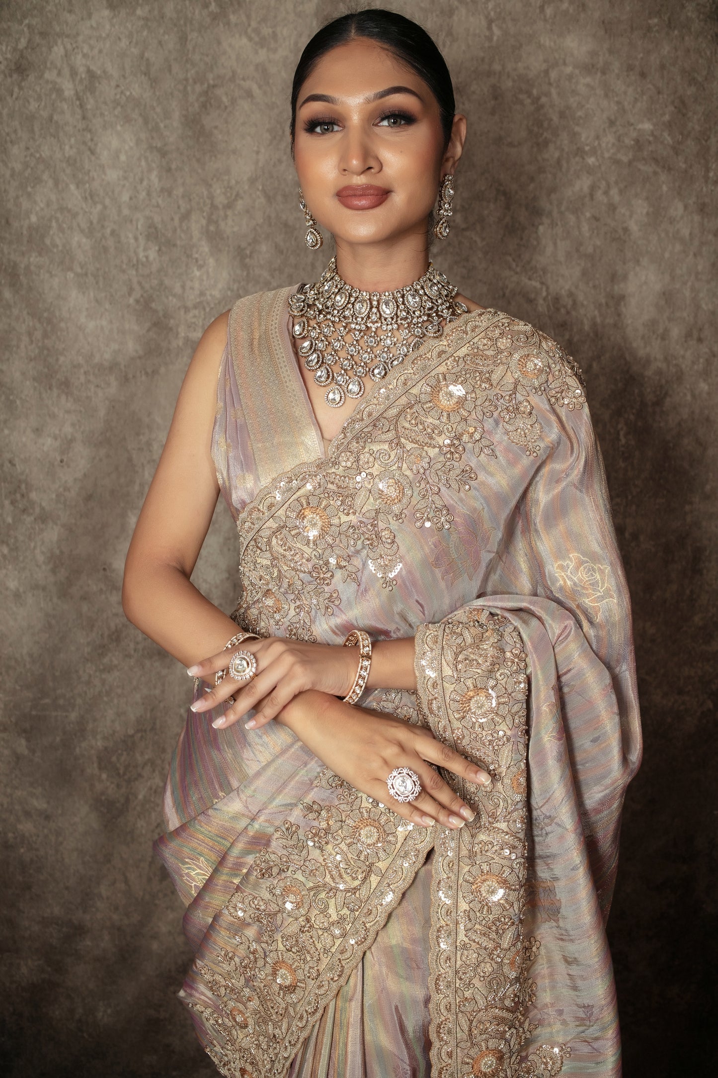 Luxury Tissue Silk Beadwork & Threadwork Embroidery Sari VC0149