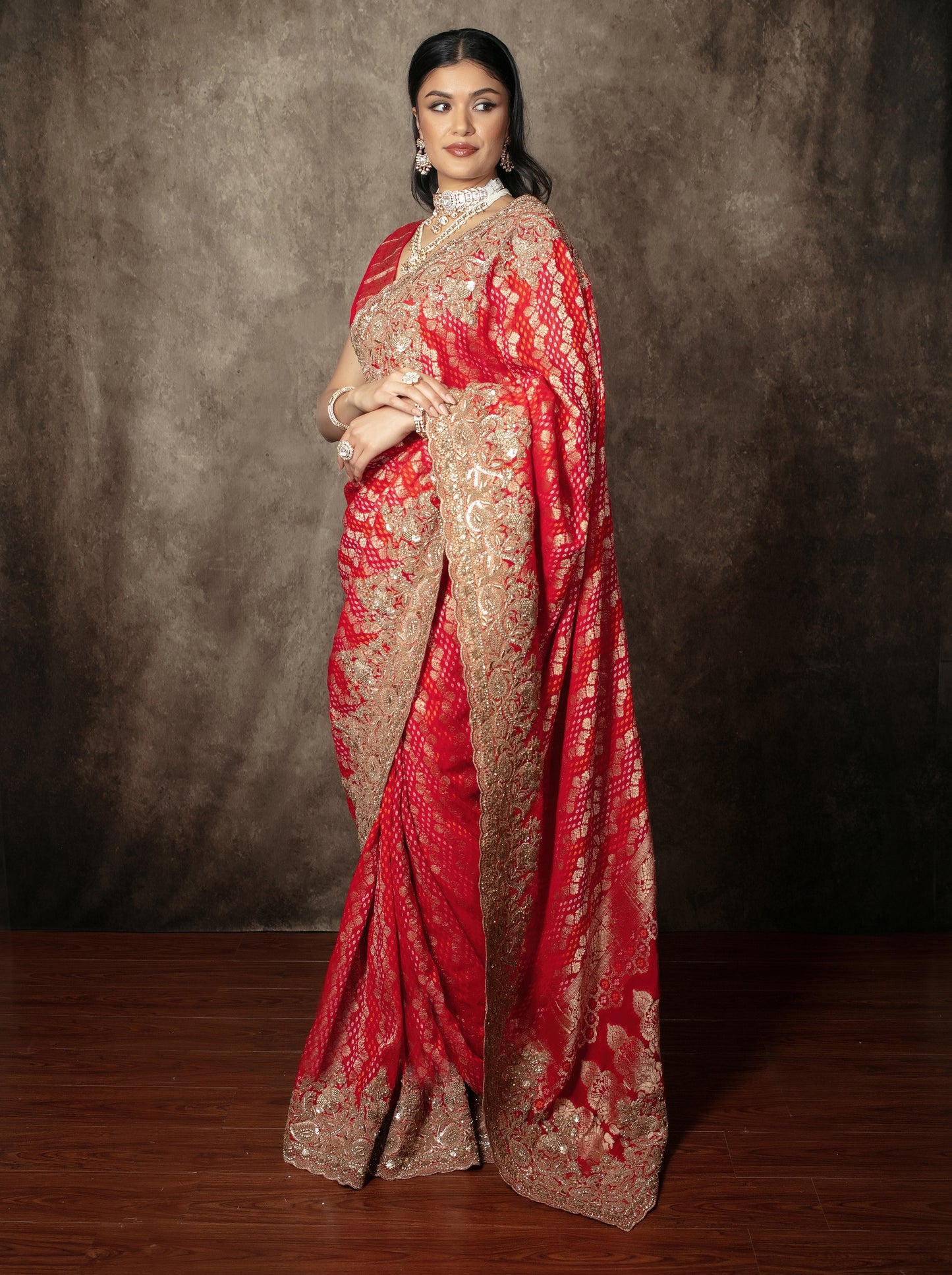 Luxury Georgette Bandhani Beadwork & Diamante Embroidery Sari VC0157