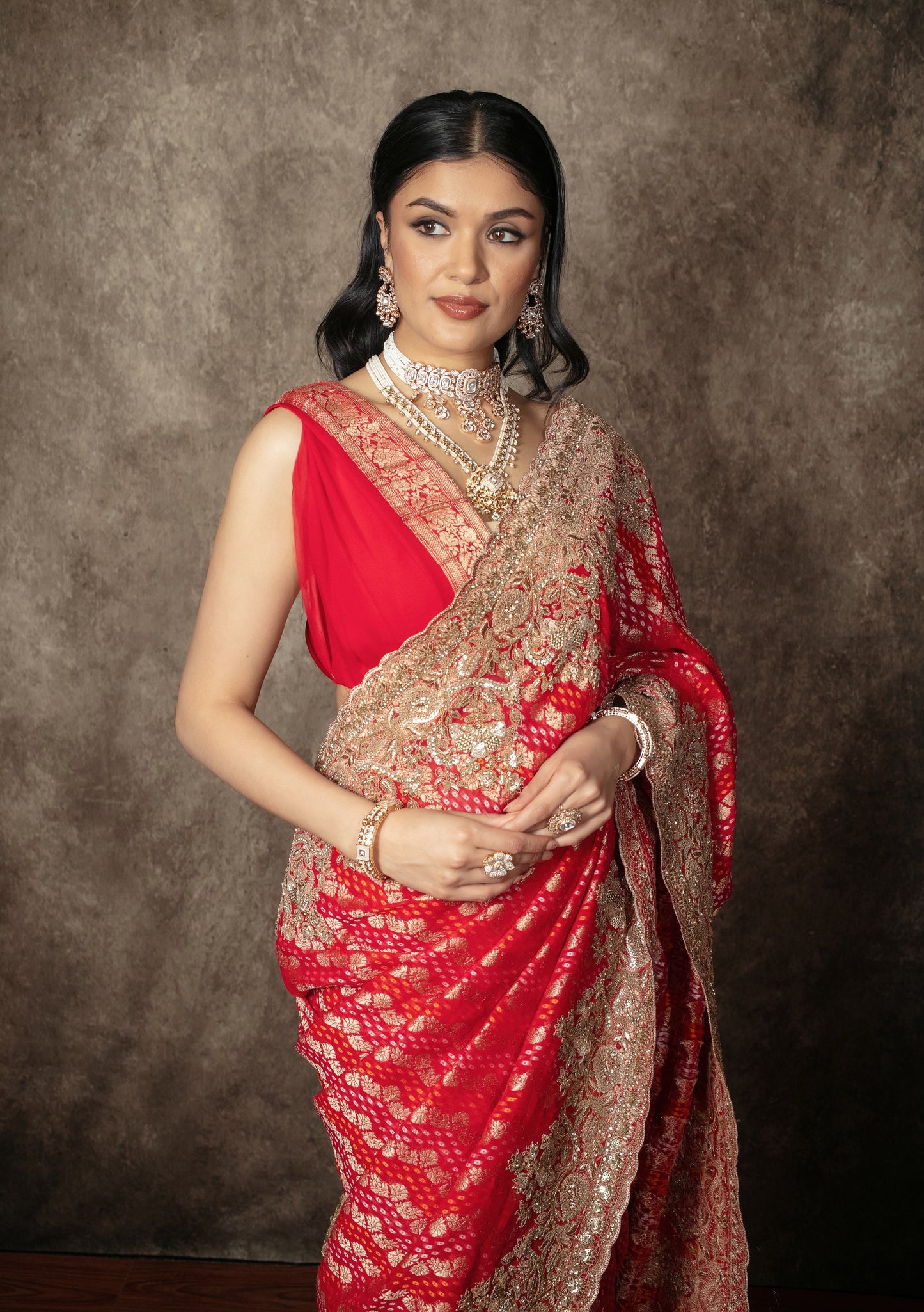 Luxury Georgette Bandhani Beadwork & Diamante Embroidery Sari VC0157
