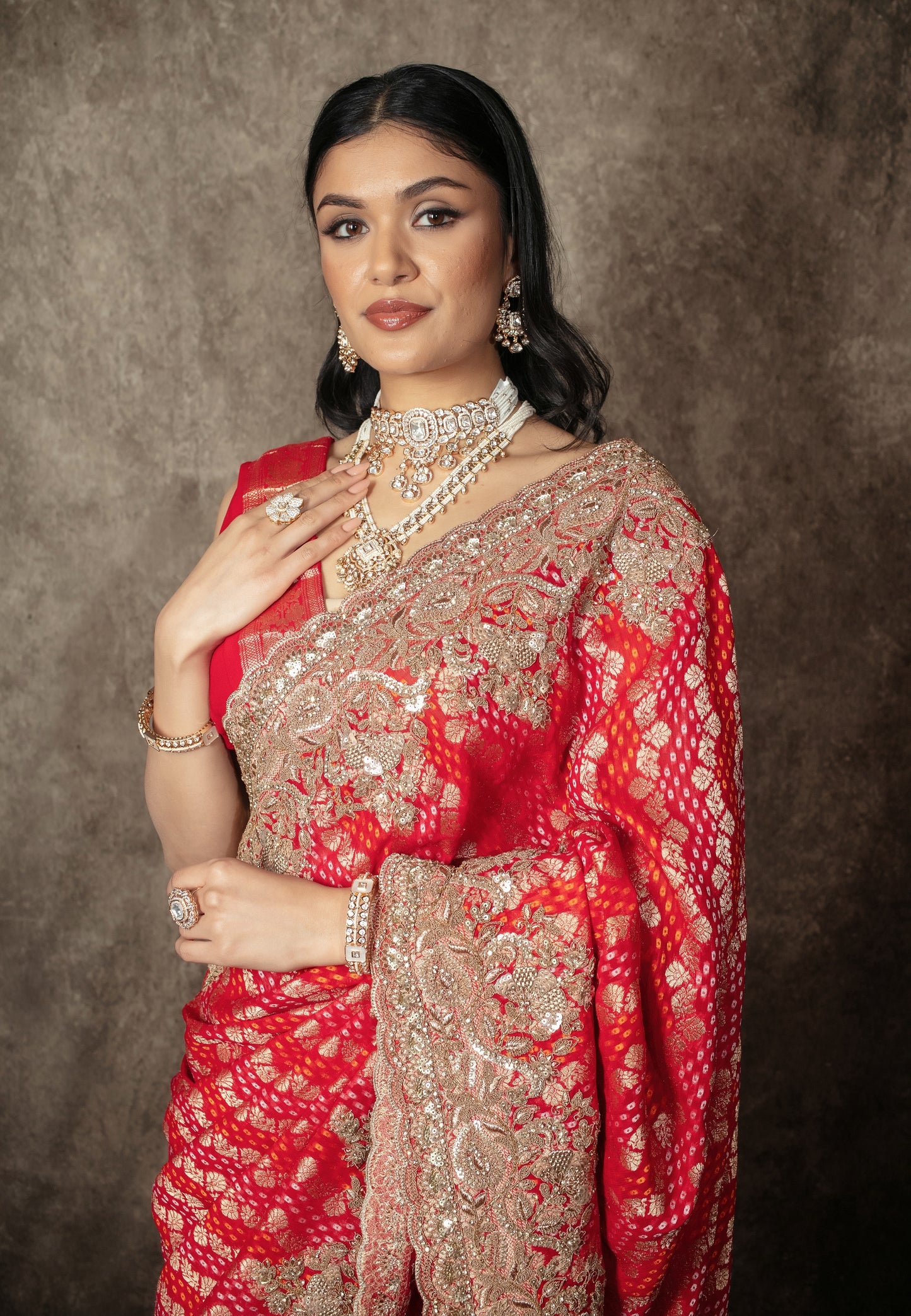 Luxury Georgette Bandhani Beadwork & Diamante Embroidery Sari VC0157