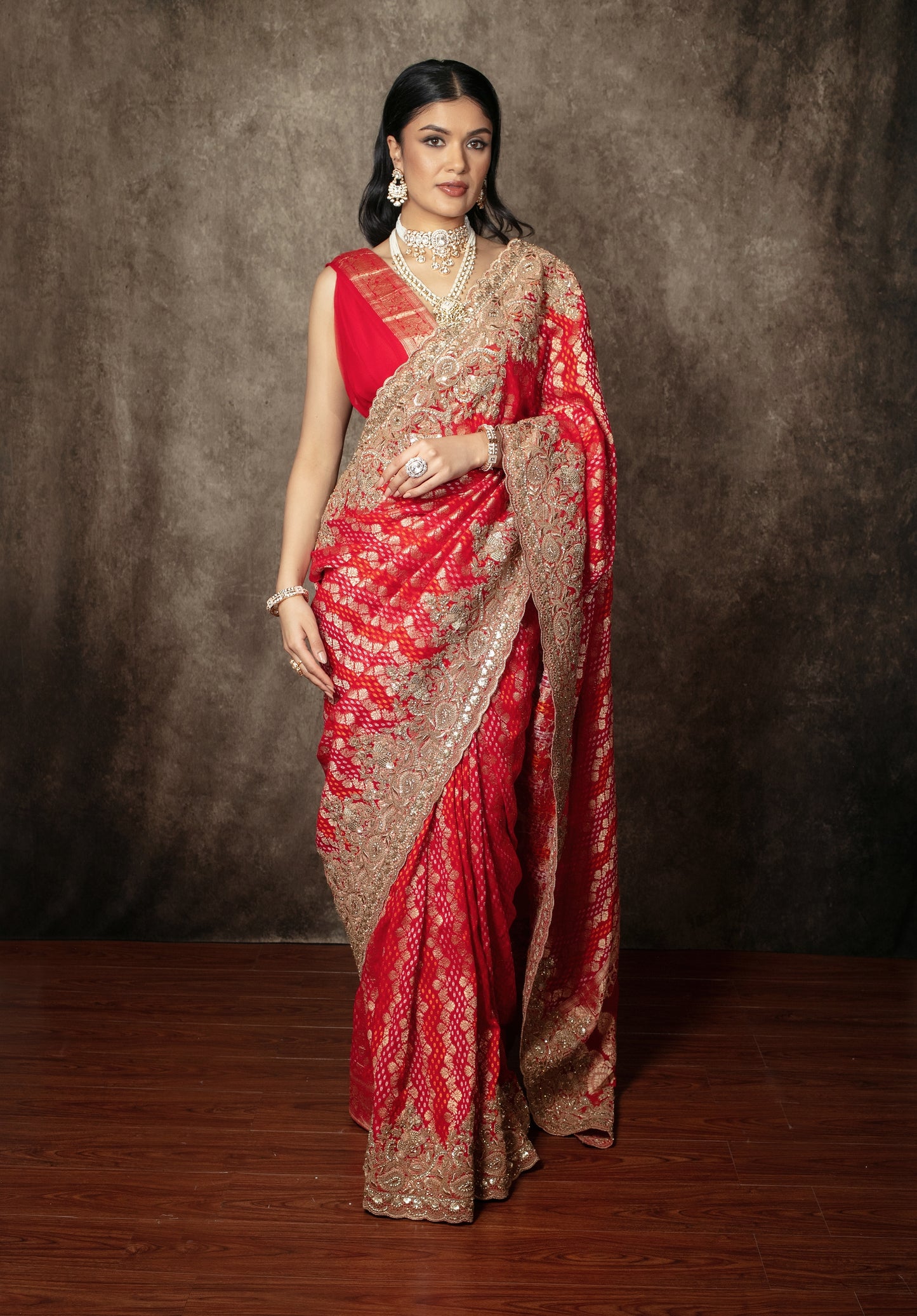 Luxury Georgette Bandhani Beadwork & Diamante Embroidery Sari VC0157