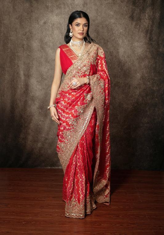 Luxury Georgette Bandhani Beadwork & Diamante Embroidery Sari VC0157