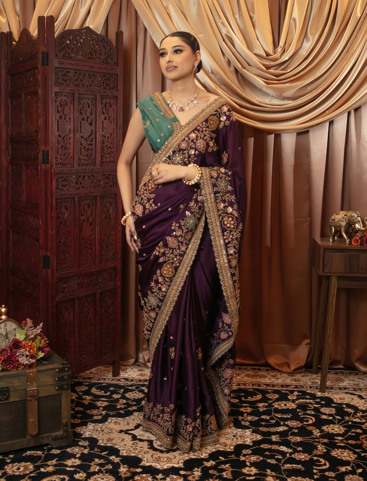 Premium Art Satin Silk Diamante & Threadwork Sari VC092