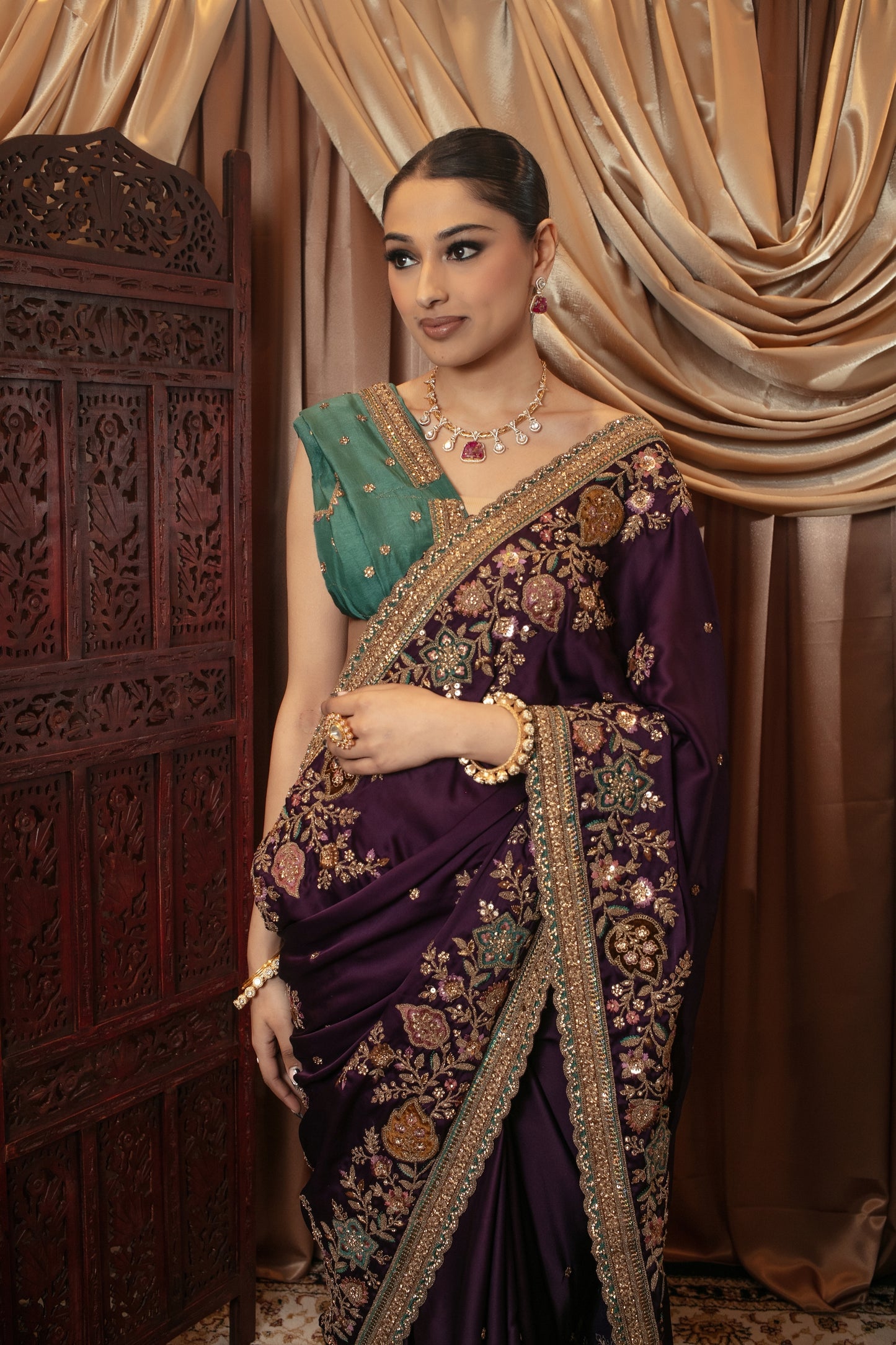 Premium Art Satin Silk Diamante & Threadwork Sari VC092