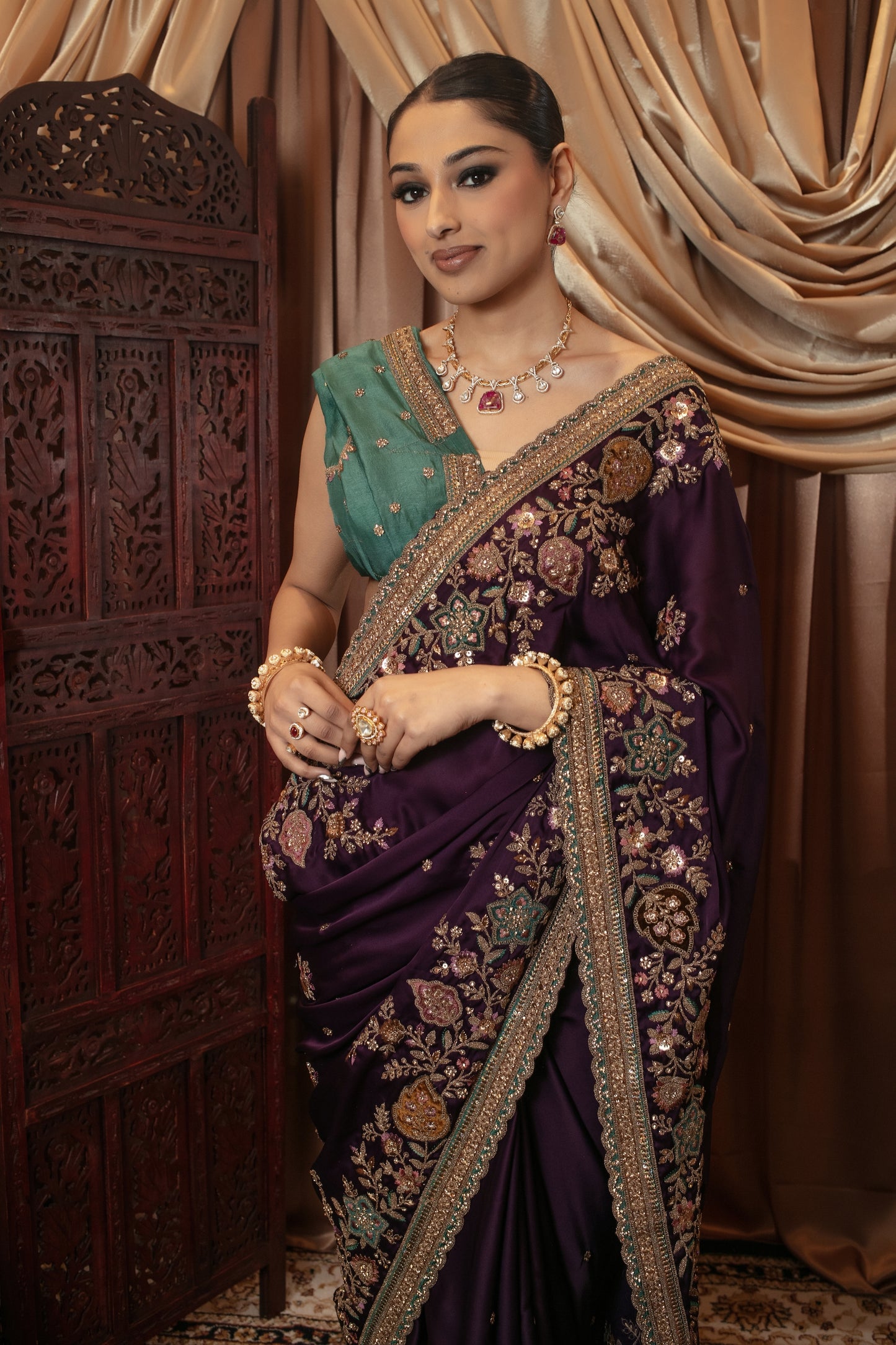 Premium Art Satin Silk Diamante & Threadwork Sari VC092